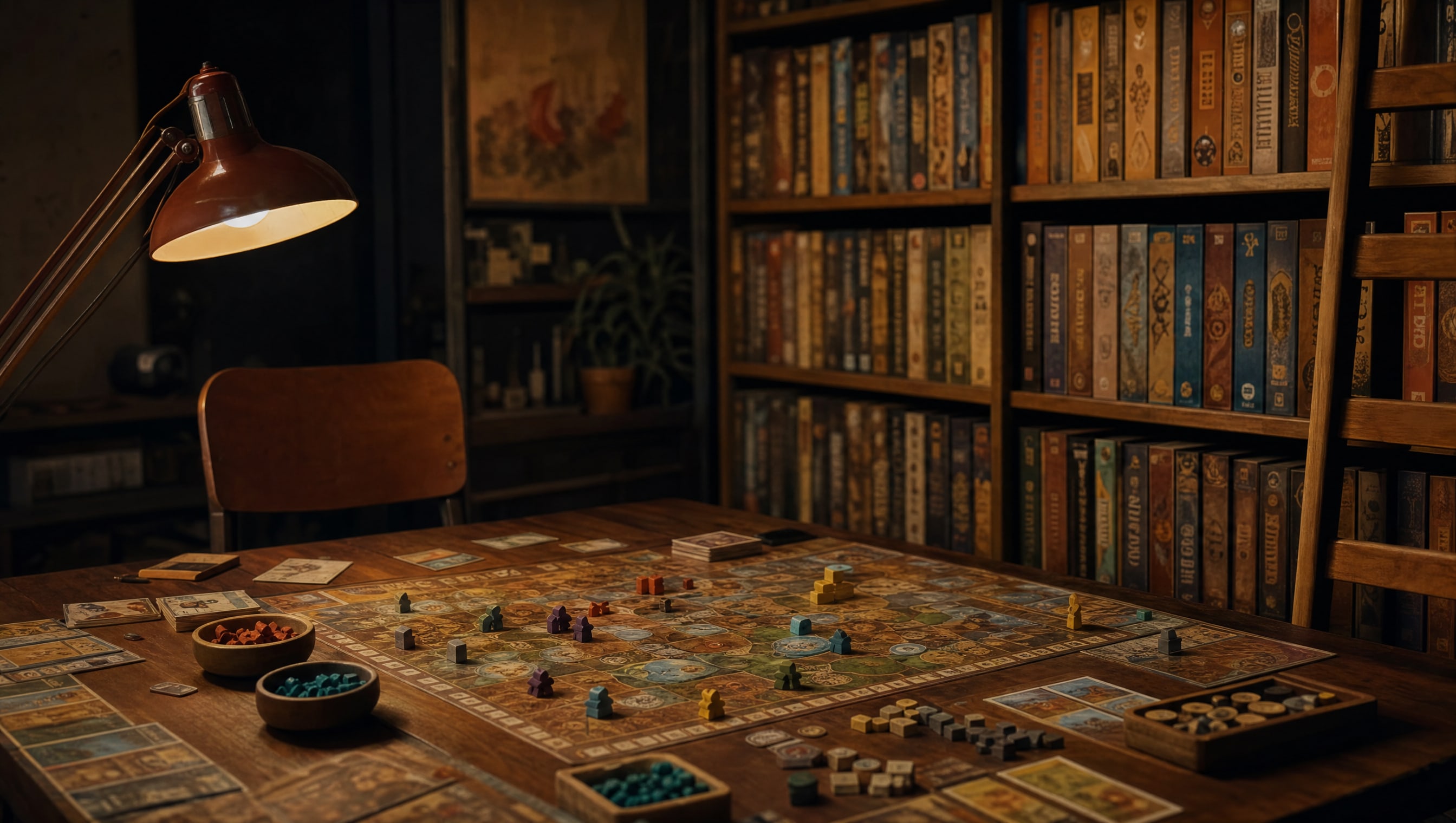 A wall of board game boxes shelved vertically with their spines aligned, lit from a ladder lamp.