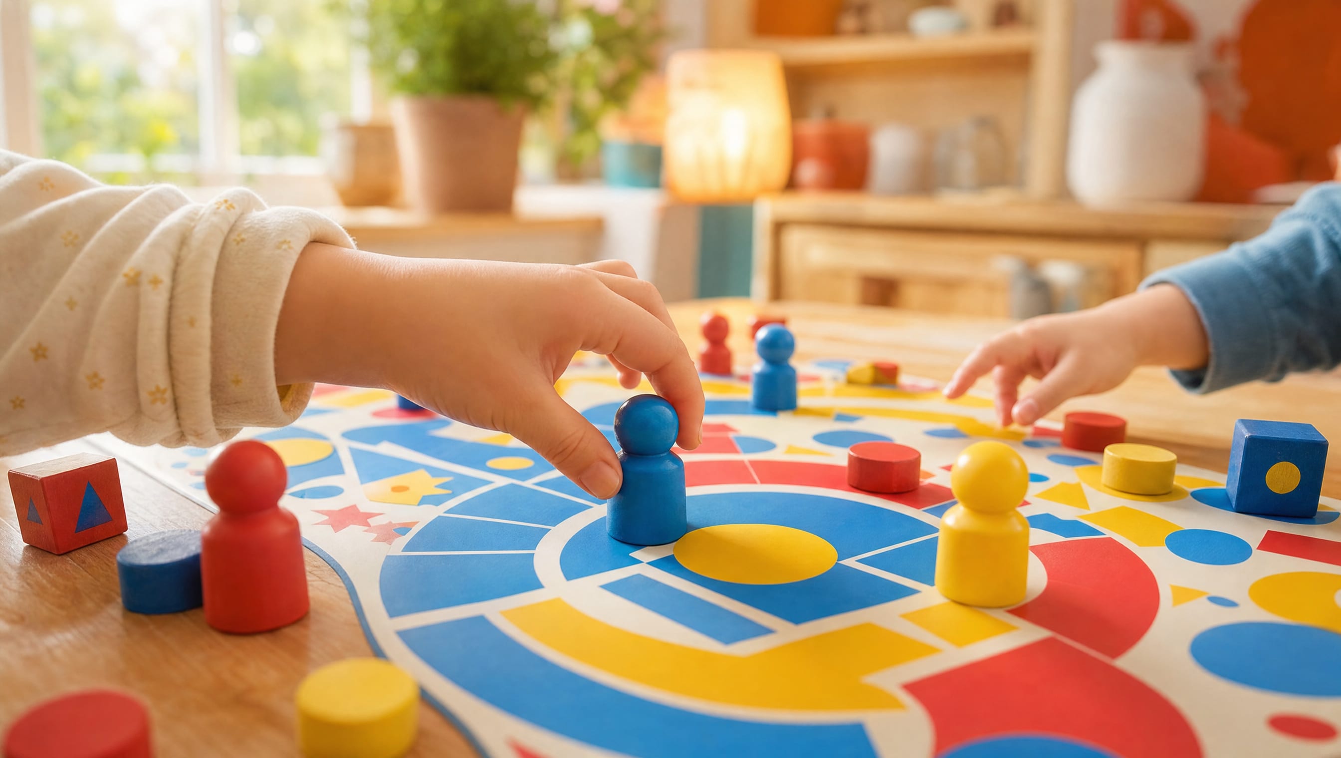 Two small hands reaching in from either side of a kitchen table, seen at the tabletop’s own level, to move chunky red, yellow and blue wooden pawns across a big bright board.