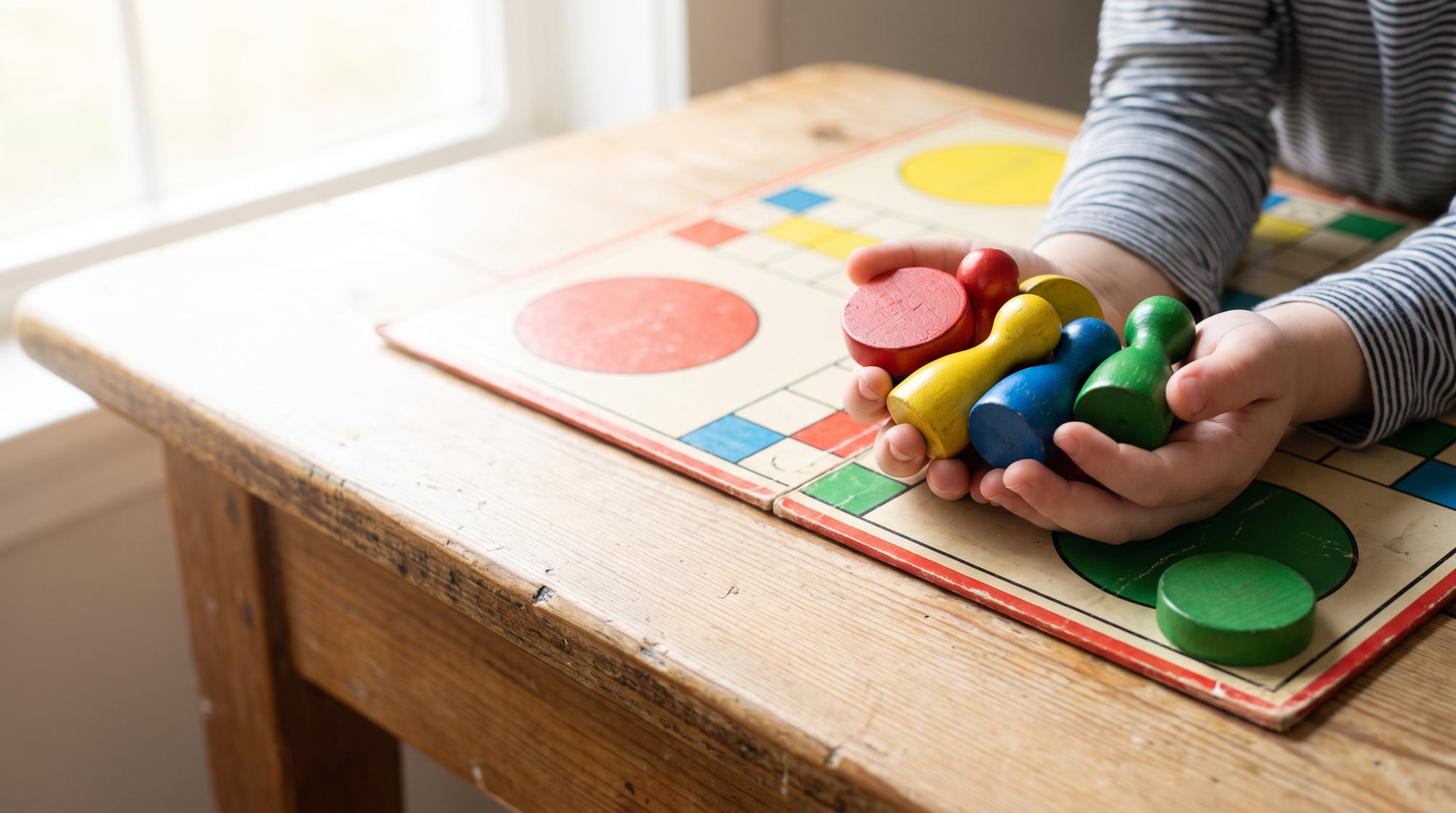 A small child’s two hands cupped around fat red, yellow, blue and green wooden pawns and counters, held over a bright worn board on a kitchen table in window light.