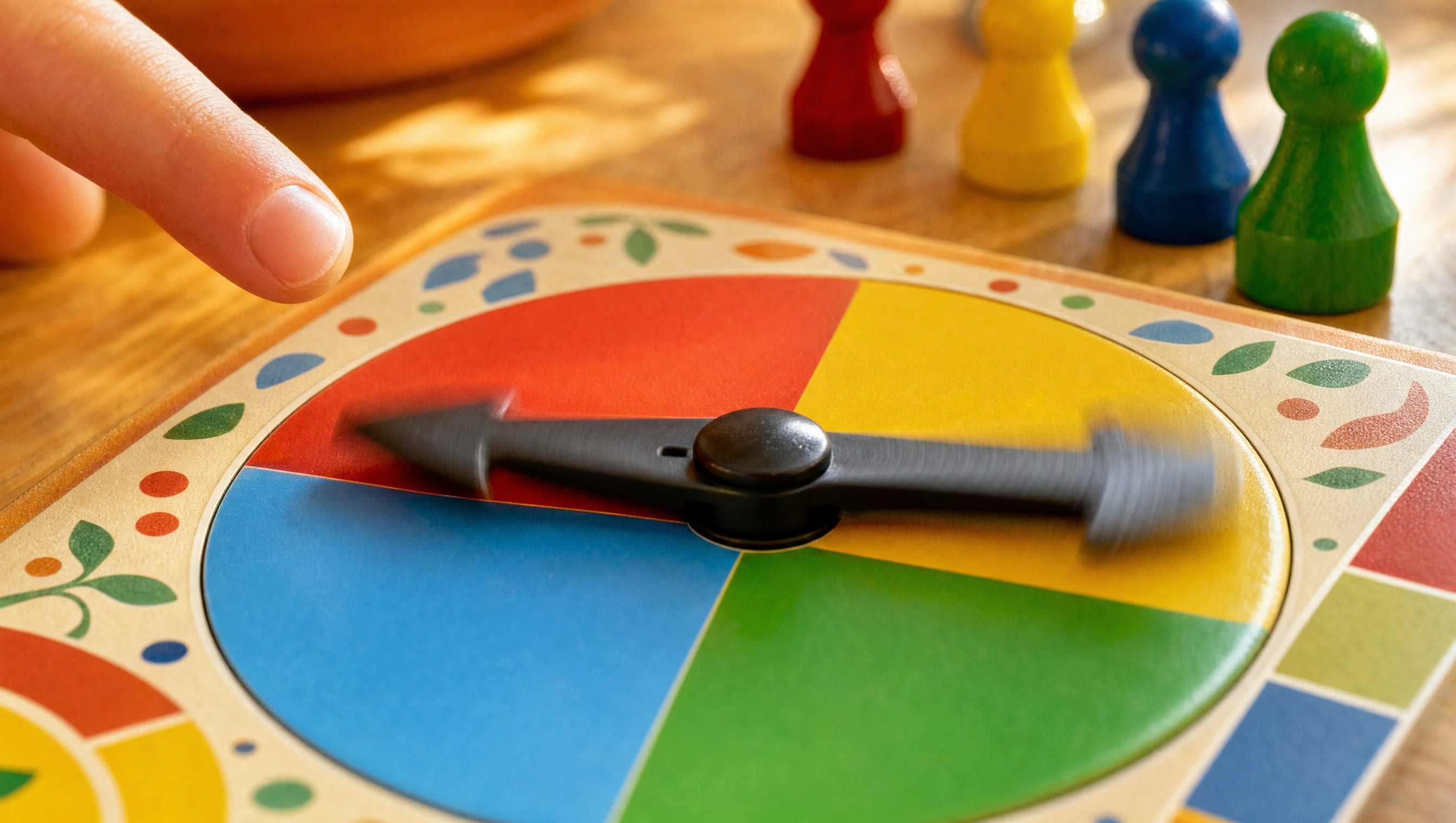 Close on a card spinner, its arrow blurred mid-spin over red, yellow, blue and green quarters, a small finger just lifted off it and four chunky wooden pawns waiting behind.