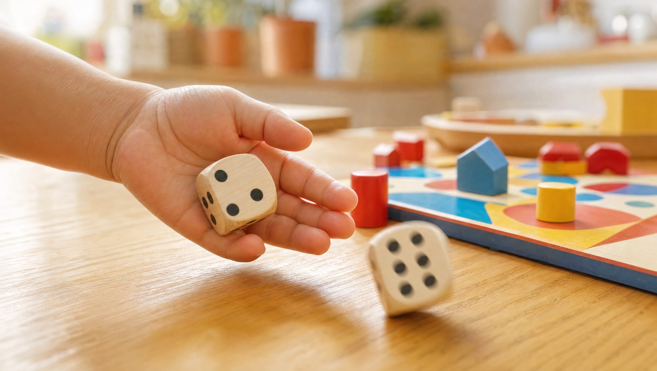 A small child-sized hand holding one oversized wooden die flat on its palm, a second die tumbled onto the table beside a bright primary-coloured board.