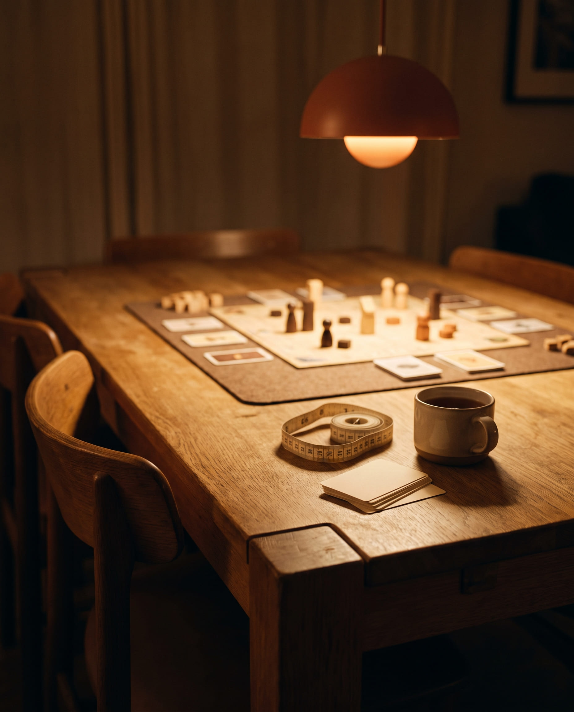 A cloth tape measure coiled on the near corner of an oak dining table beside a mug of tea and a short stack of blank cards, a chair back at the edge of frame and a board mid-play under a terracotta lamp behind.