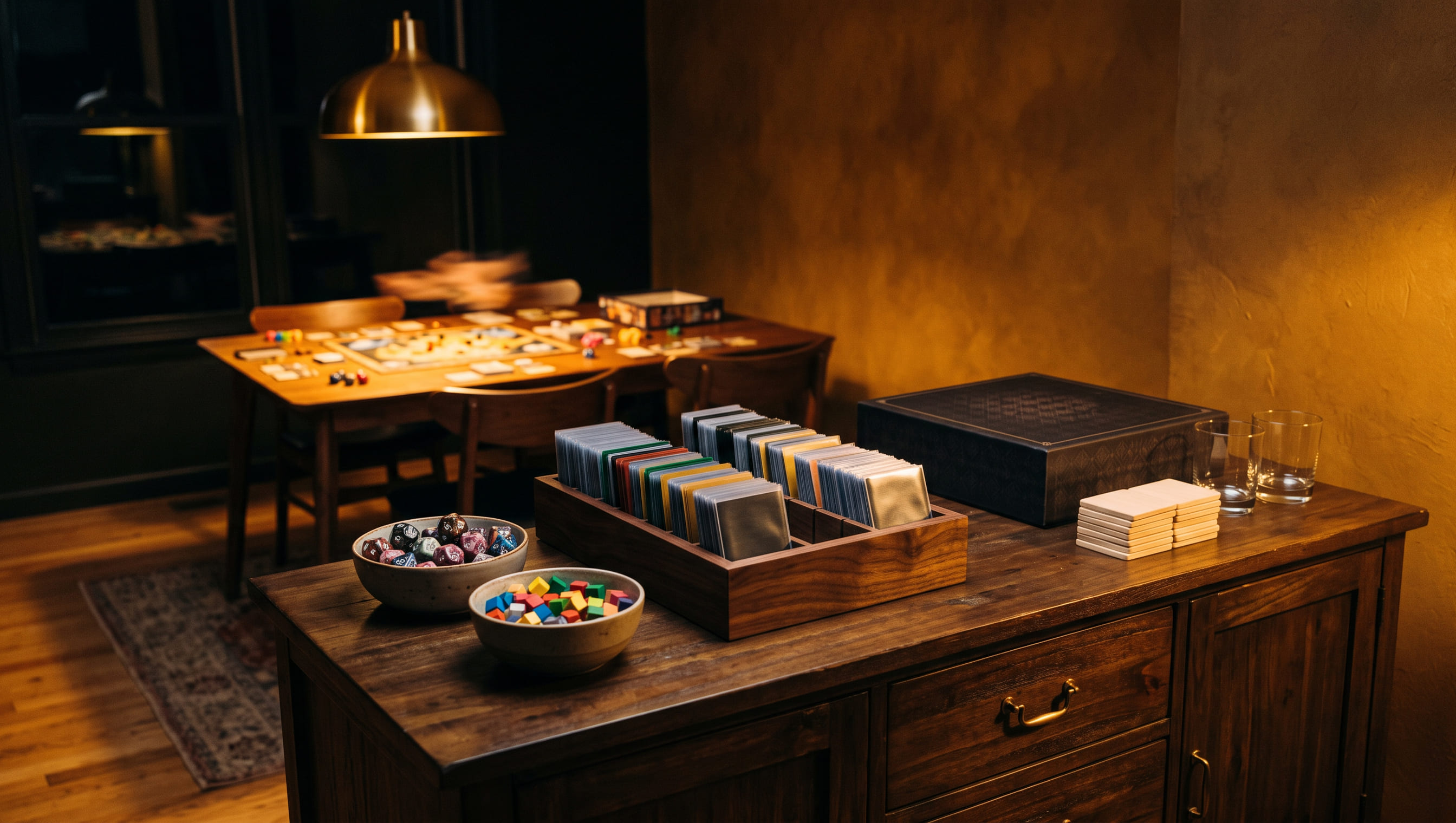 A wooden sideboard against the wall carrying everything that is not the game — a tray of sleeved decks stood on edge, bowls of dice and cubes, the closed box and the spare glasses — with the lit dining table and the board mid-game soft-focus beyond it.