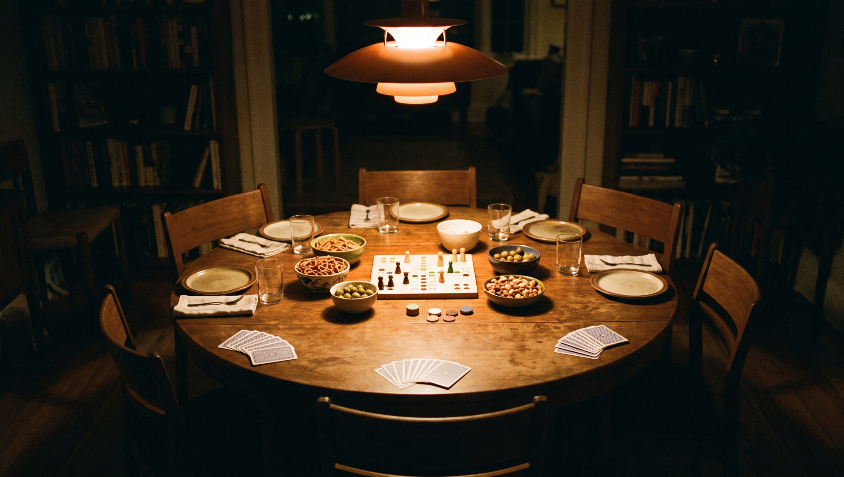 A round dining table at night with six chairs pulled right in, the board in the middle visibly smaller than the ring of plates, glasses and snack bowls around it, and a fan of face-down cards left at three of the seats.