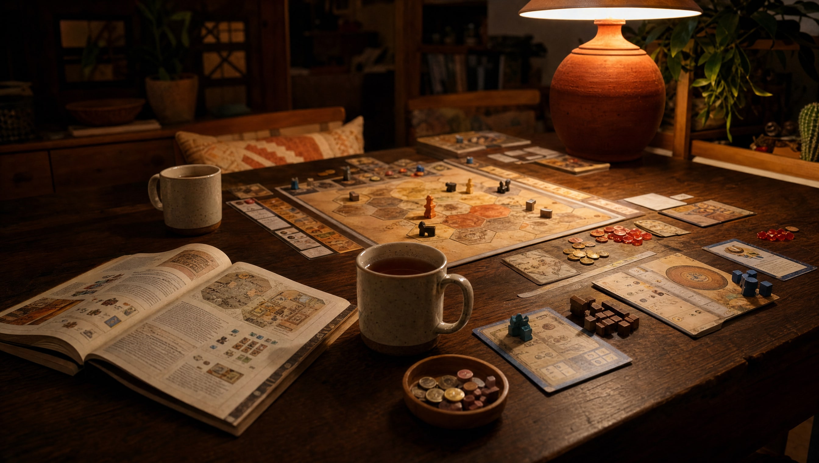 Two mugs and an open rulebook at an angle on a warm wood table, a hex board mid-game behind them under a lamp.