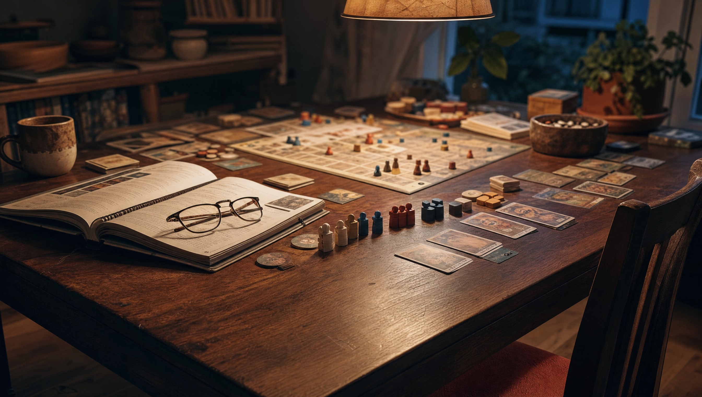 A rulebook open on a heavy wood table under a low lamp, reading glasses set down on the page, wooden pieces staged in a row beside a part-built board.