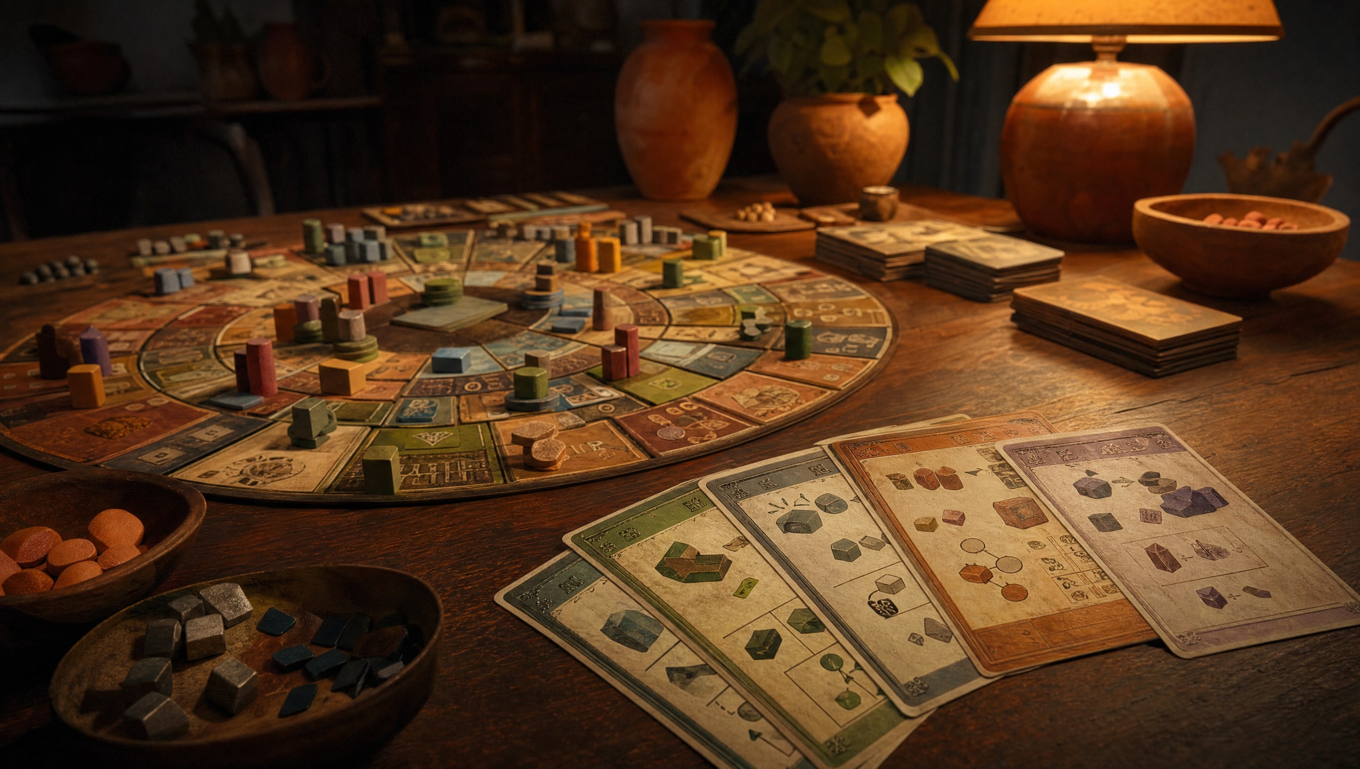 A hand of reference cards fanned on a dark table beside a circular board mid-game, bowls of wooden pieces in the foreground.