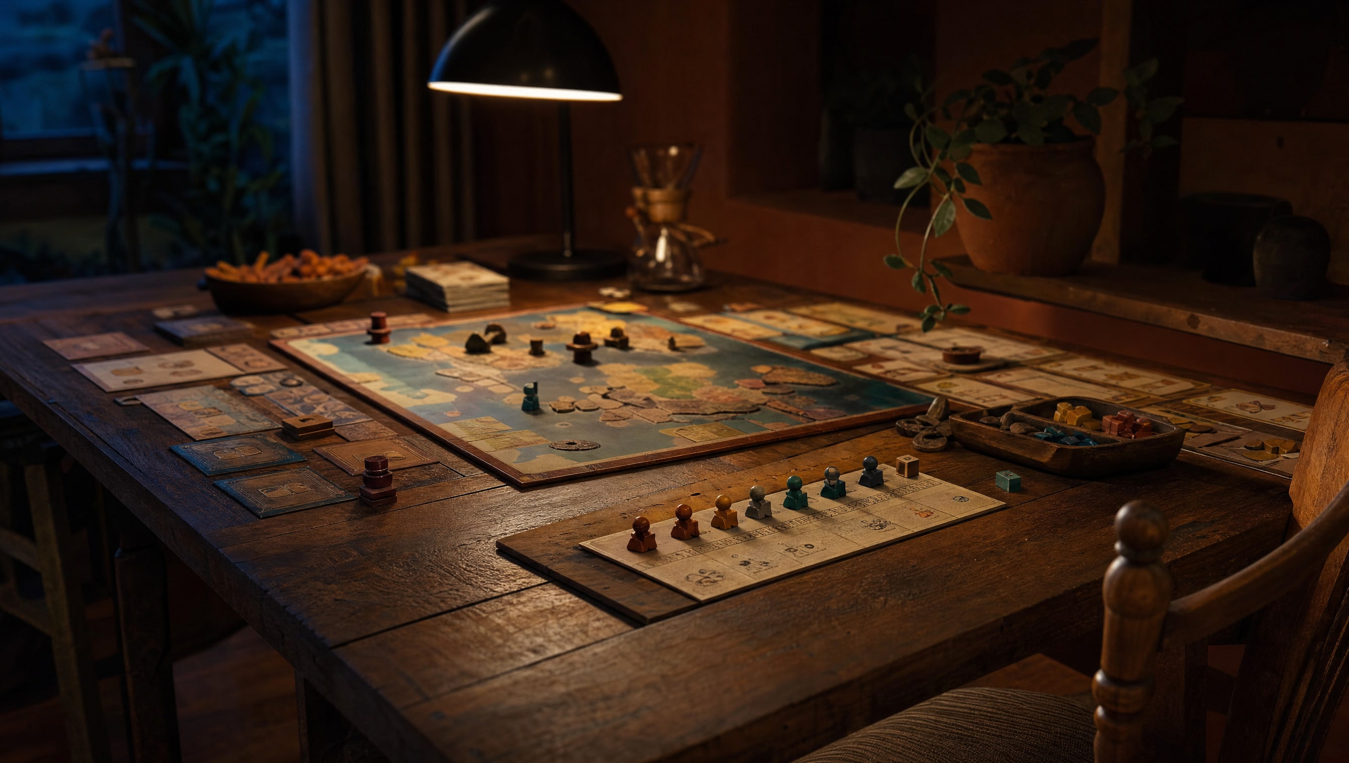 A part-built map board on a dark wood table, player pieces lined up on a reference strip in the order they will be handed out.