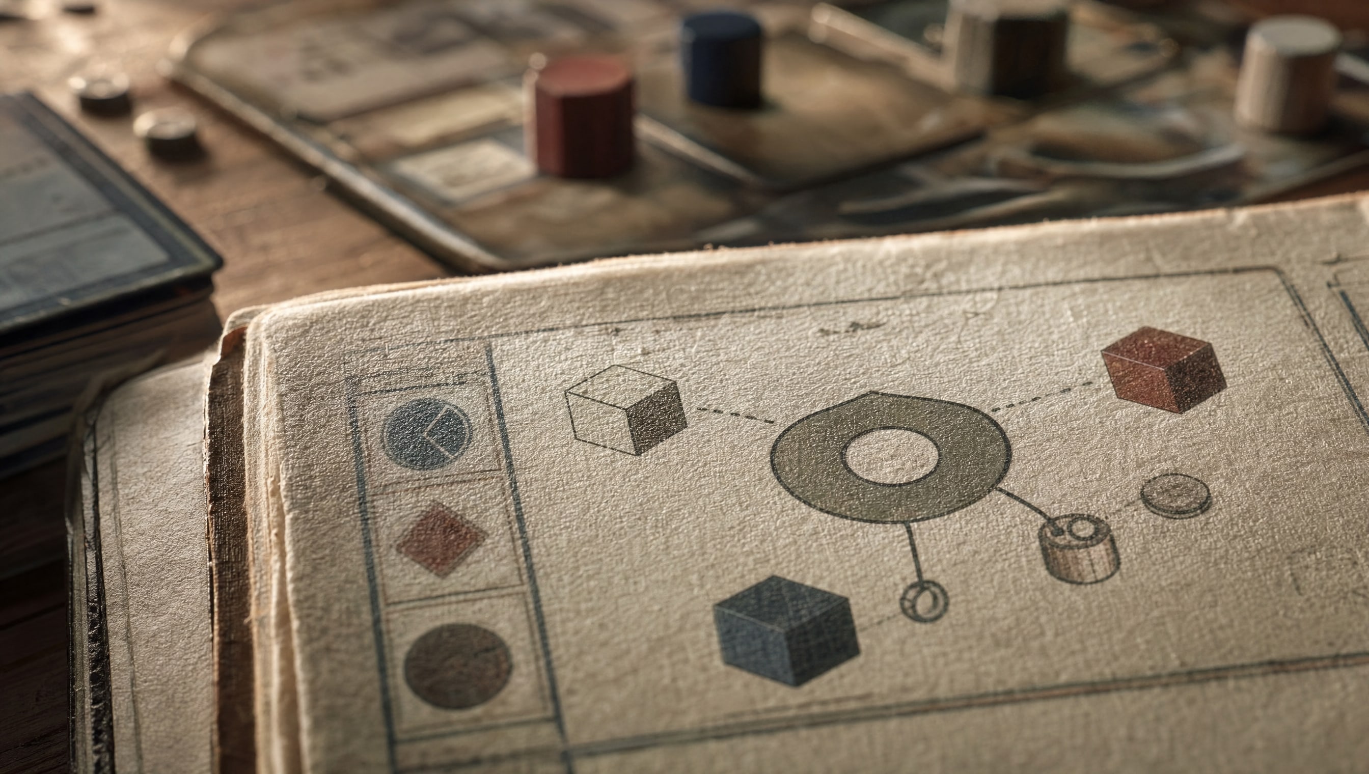 Macro on the corner of a rulebook page: a printed diagram of components joined by dotted lines.