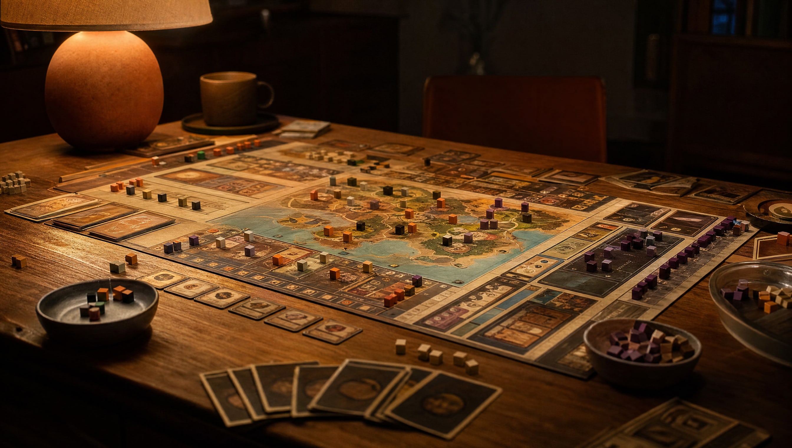 A heavy euro board mid-game under a low lamp, wooden cubes on the tracks, one hand hovering over a placement
