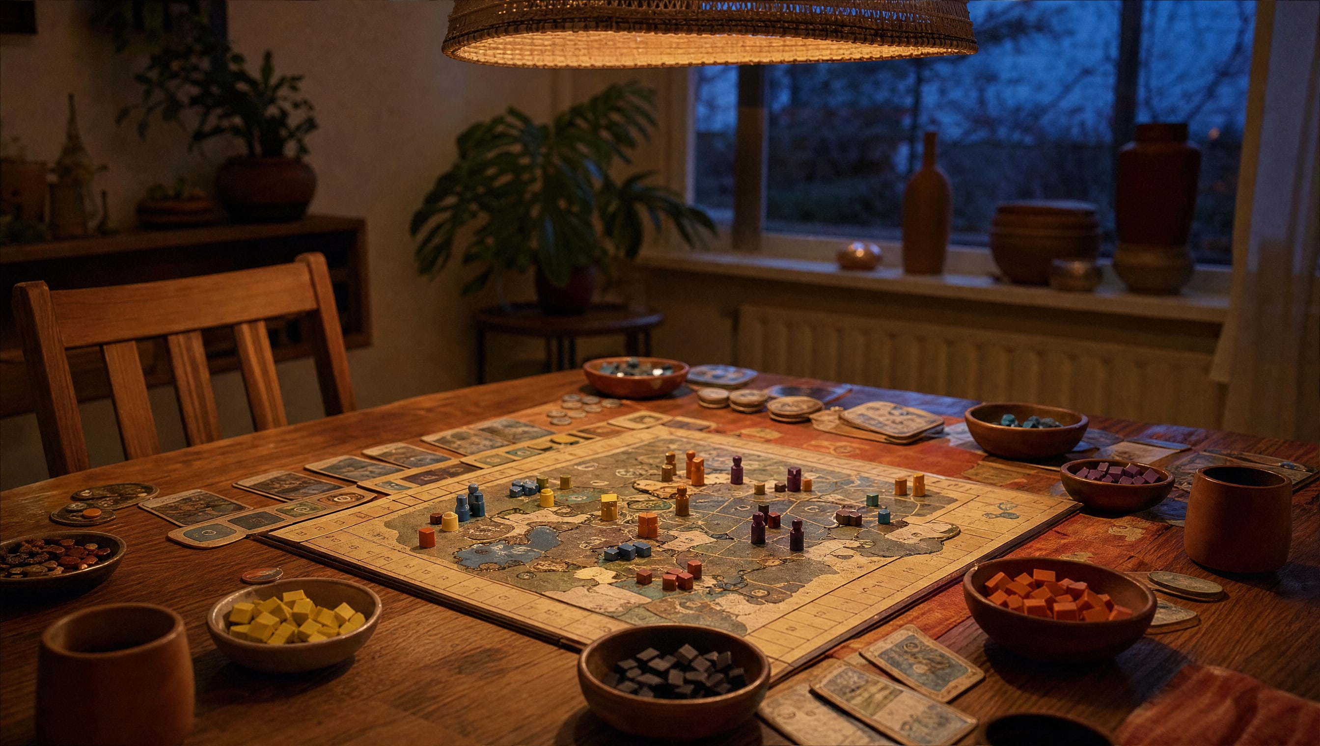 A whole game table at dusk under a hanging lamp, a board mid-play with bowls of pieces around it and a window going blue beyond