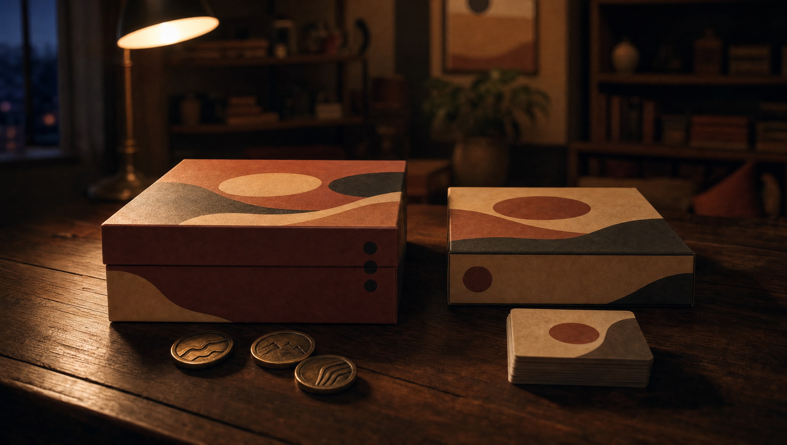 Two copies of the same invented game side by side on a wood table under a low lamp: a heavy campaign box with metal coins spilled beside it, and a plain retail box with the same cards laid out in front of it.