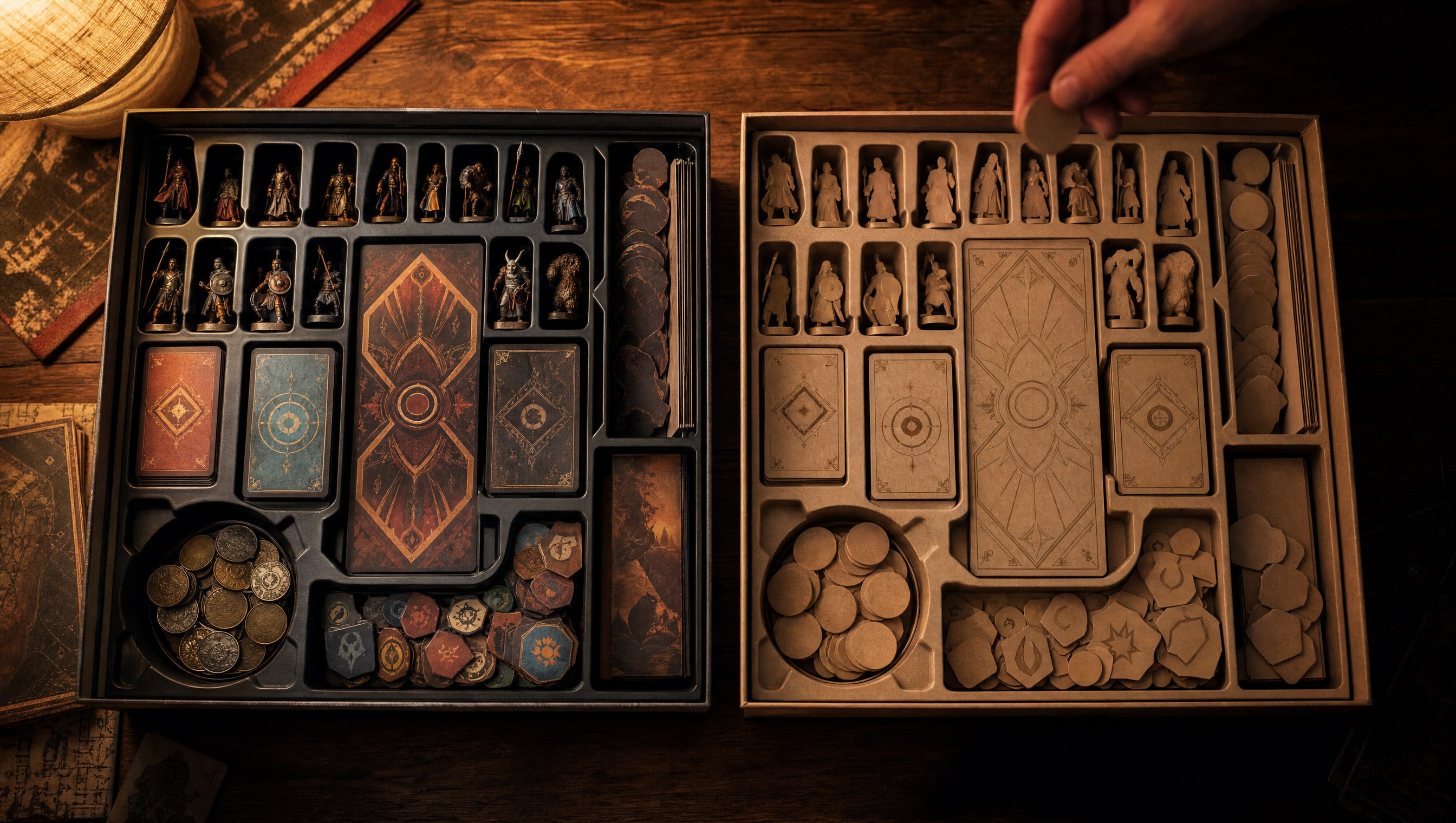 Two open game boxes side by side on a wood table, seen from above under a low lamp: the left one a campaign box with a moulded tray of painted figures, metal coins and thick tokens, the right one a retail box holding the same layout in plain punchboard and wooden discs.