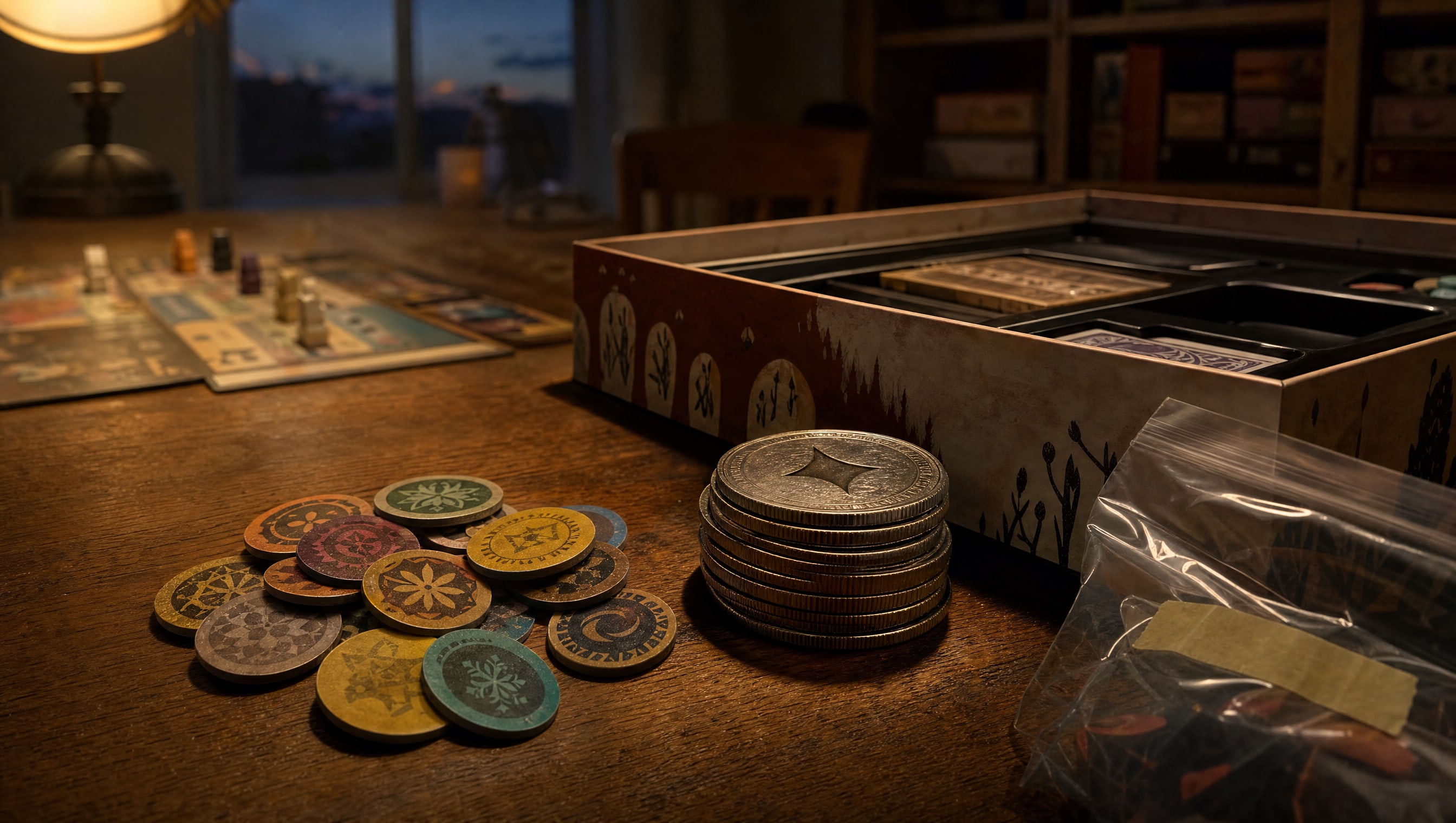 A small pile of punched cardboard coins beside a stack of metal ones on a wooden table under a low lamp, with an open game box and its moulded tray behind them.