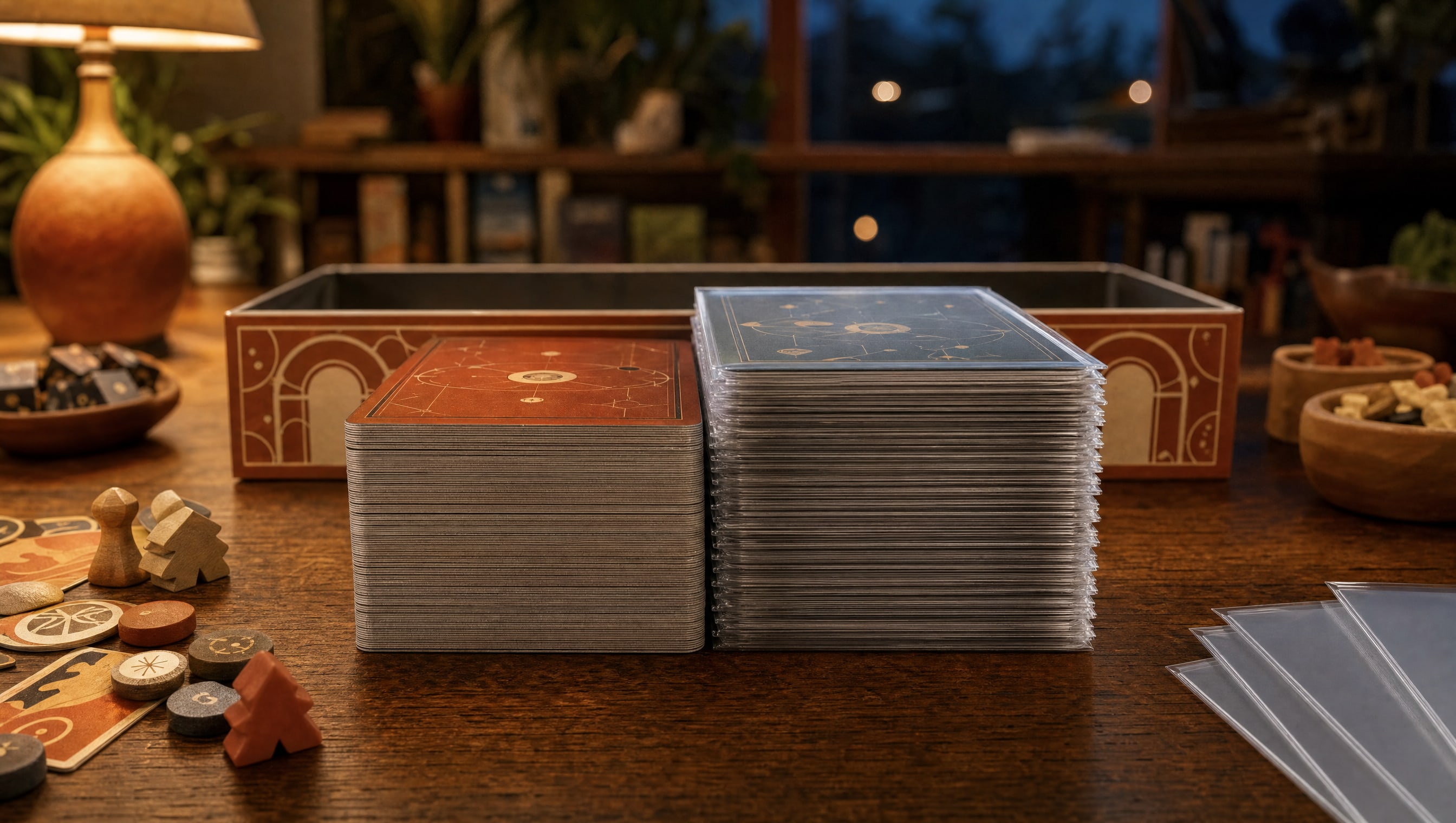 A hundred sleeved cards standing on end beside an unsleeved deck of the same game, photographed close under a low lamp so the difference in height is visible against the box edge behind them.
