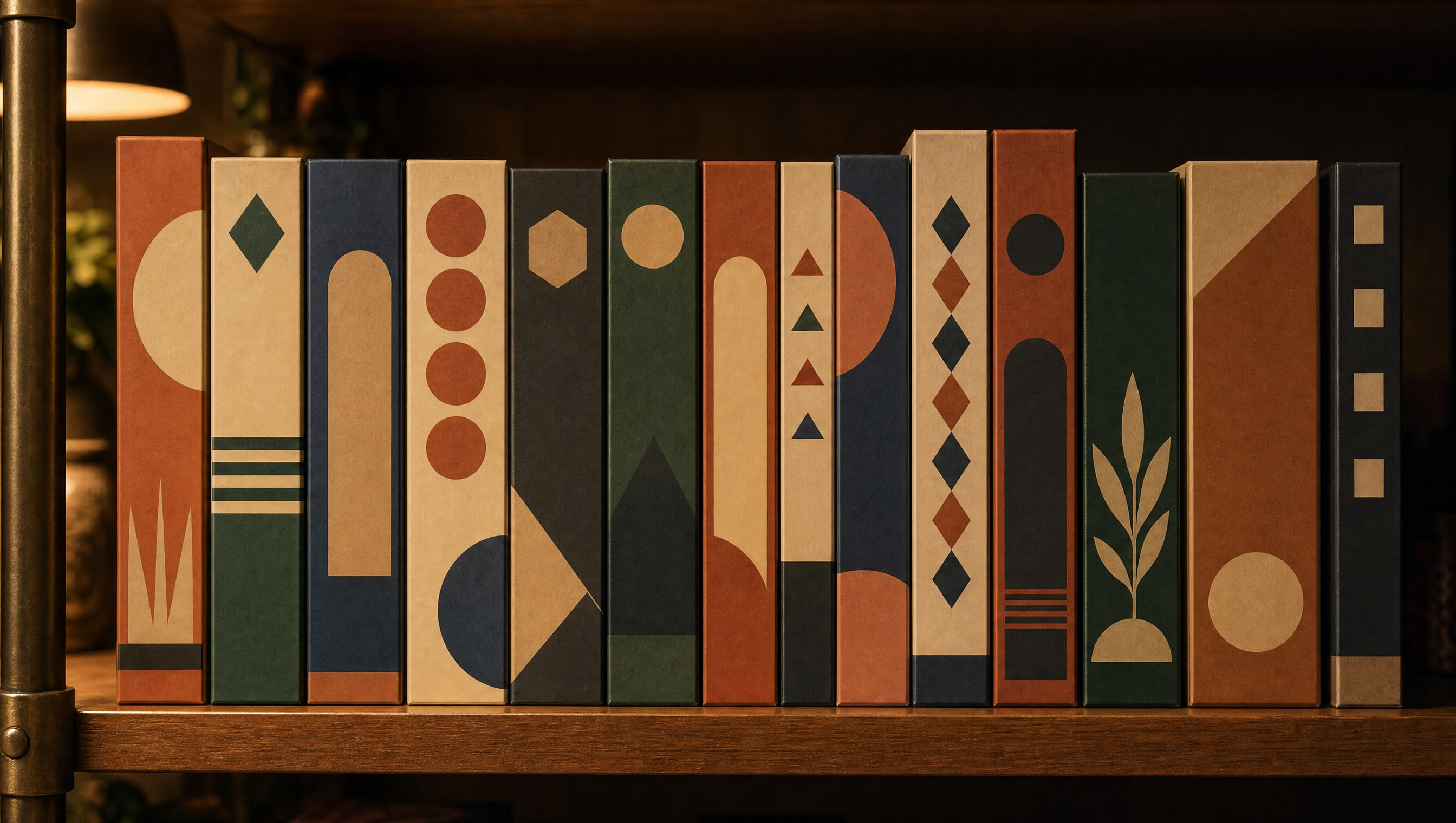 A run of board game boxes shelved on their spines under a low lamp, the spines aligned and the front edges even.