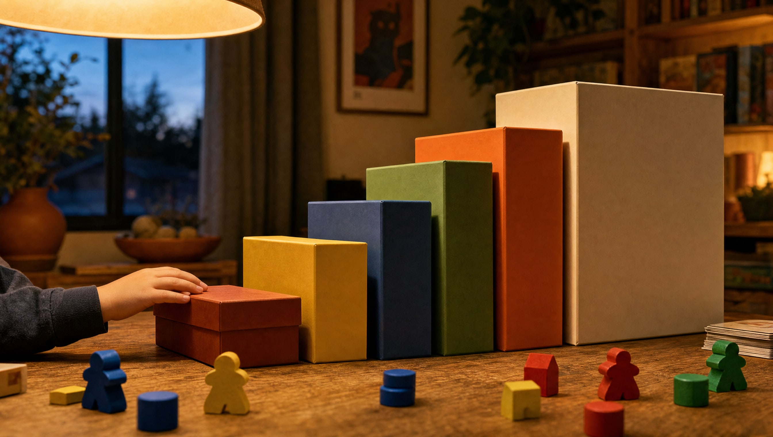 Six plain family game boxes stood upright in a stepped row on a lamplit table, chunky wooden pieces along the near edge