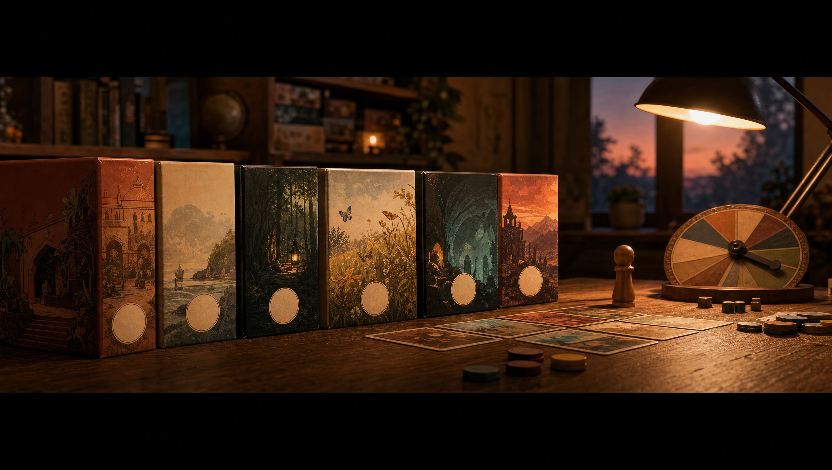 Six board-game box corners lined up along a tabletop with blank cream age roundels, lamplight raking across the printed card
