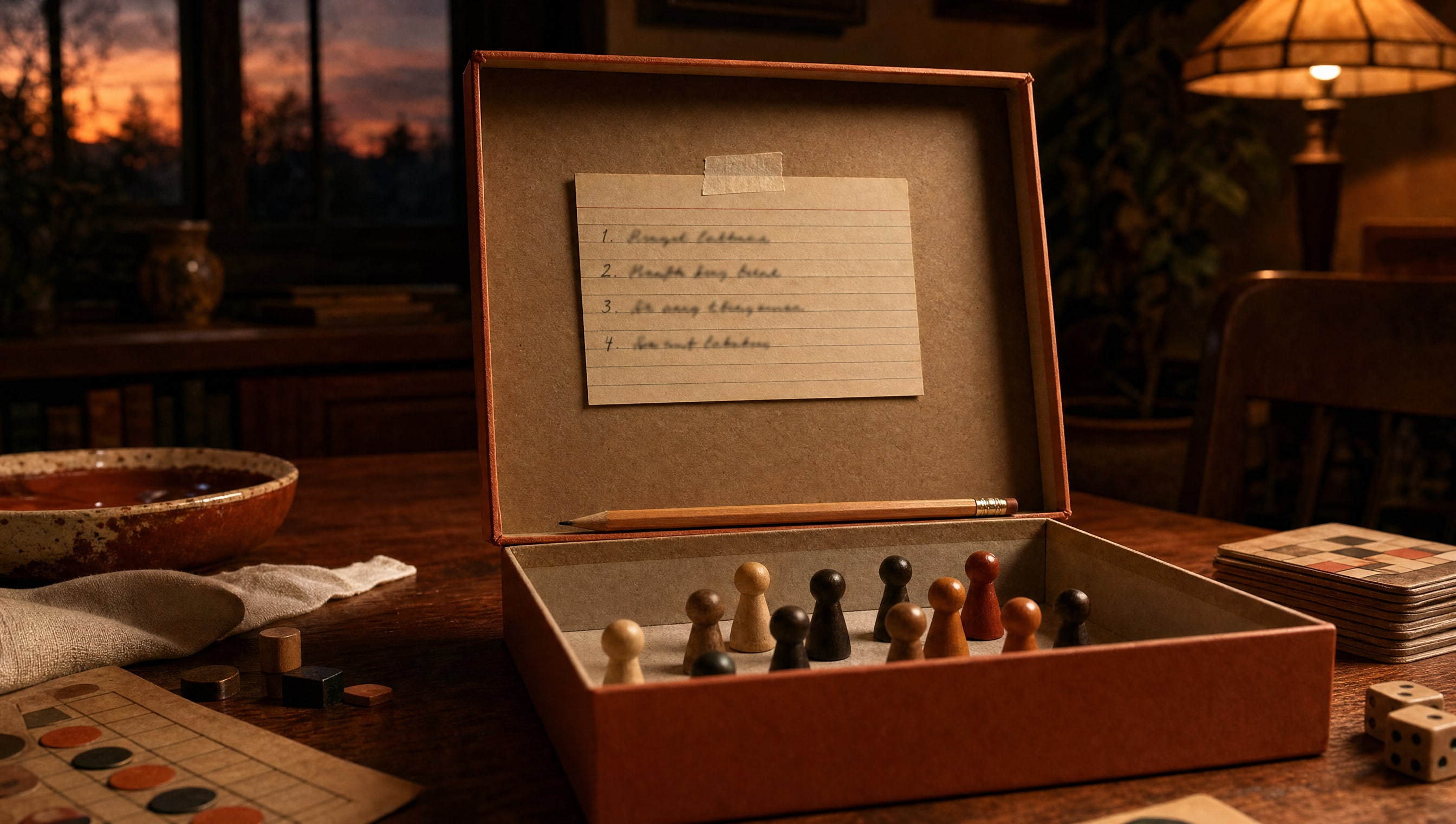 A plain board-game box lid stood upright with a hand-written index card taped inside it and a pencil across the rim