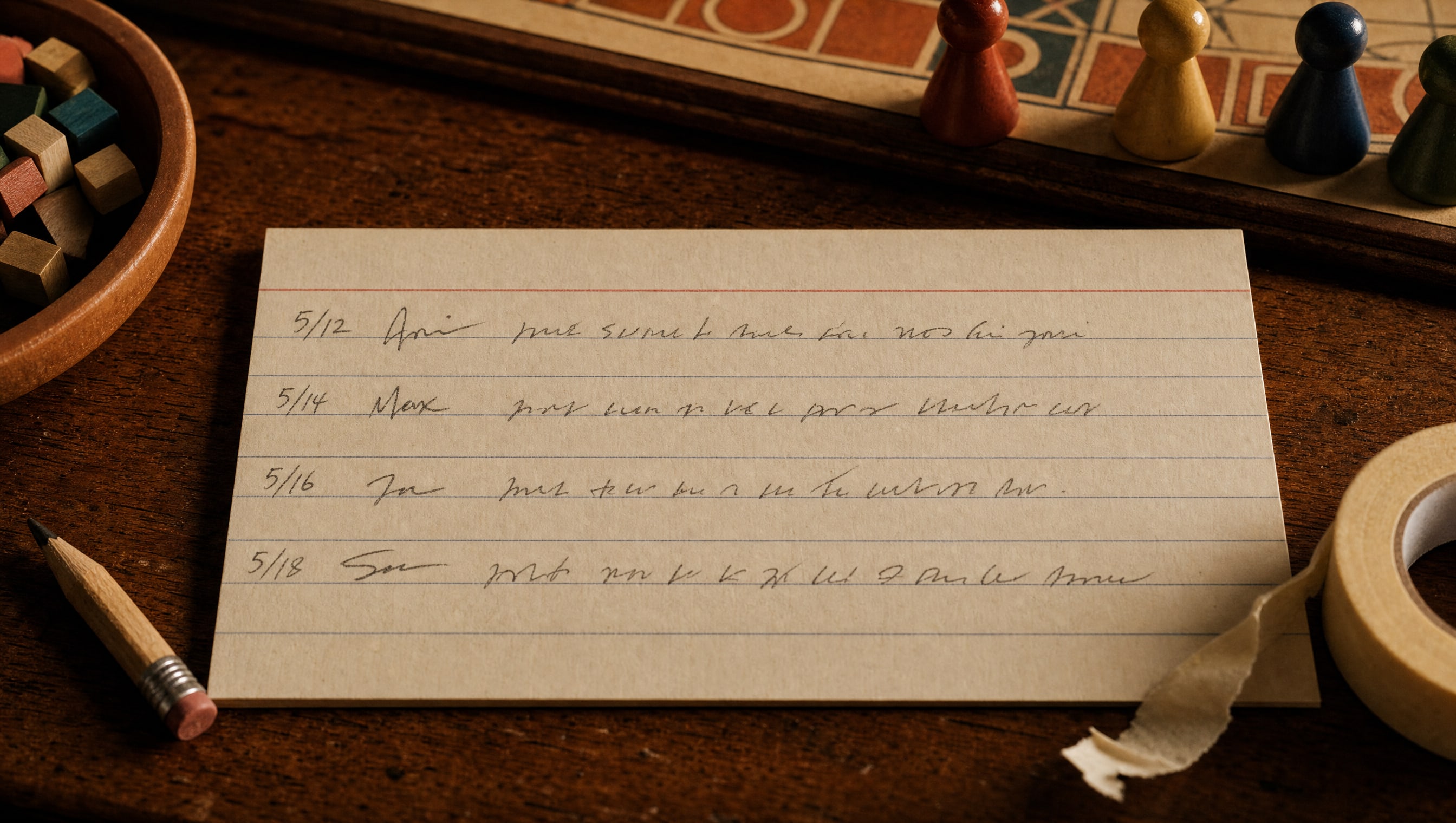 Overhead view of a hand-written index card on a table, four dated ruled lines of soft ink, a pencil stub and a curl of masking tape beside it