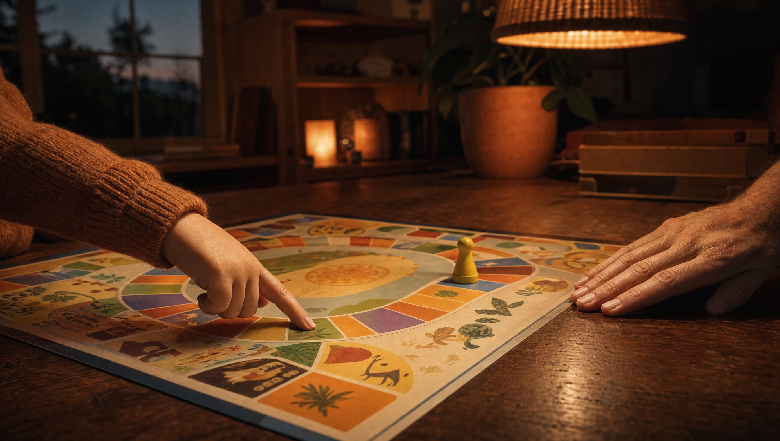 A child’s index finger pressing down on one square of a bright board mid-count, a yellow wooden pawn two squares behind and an adult’s hand resting flat at the table edge