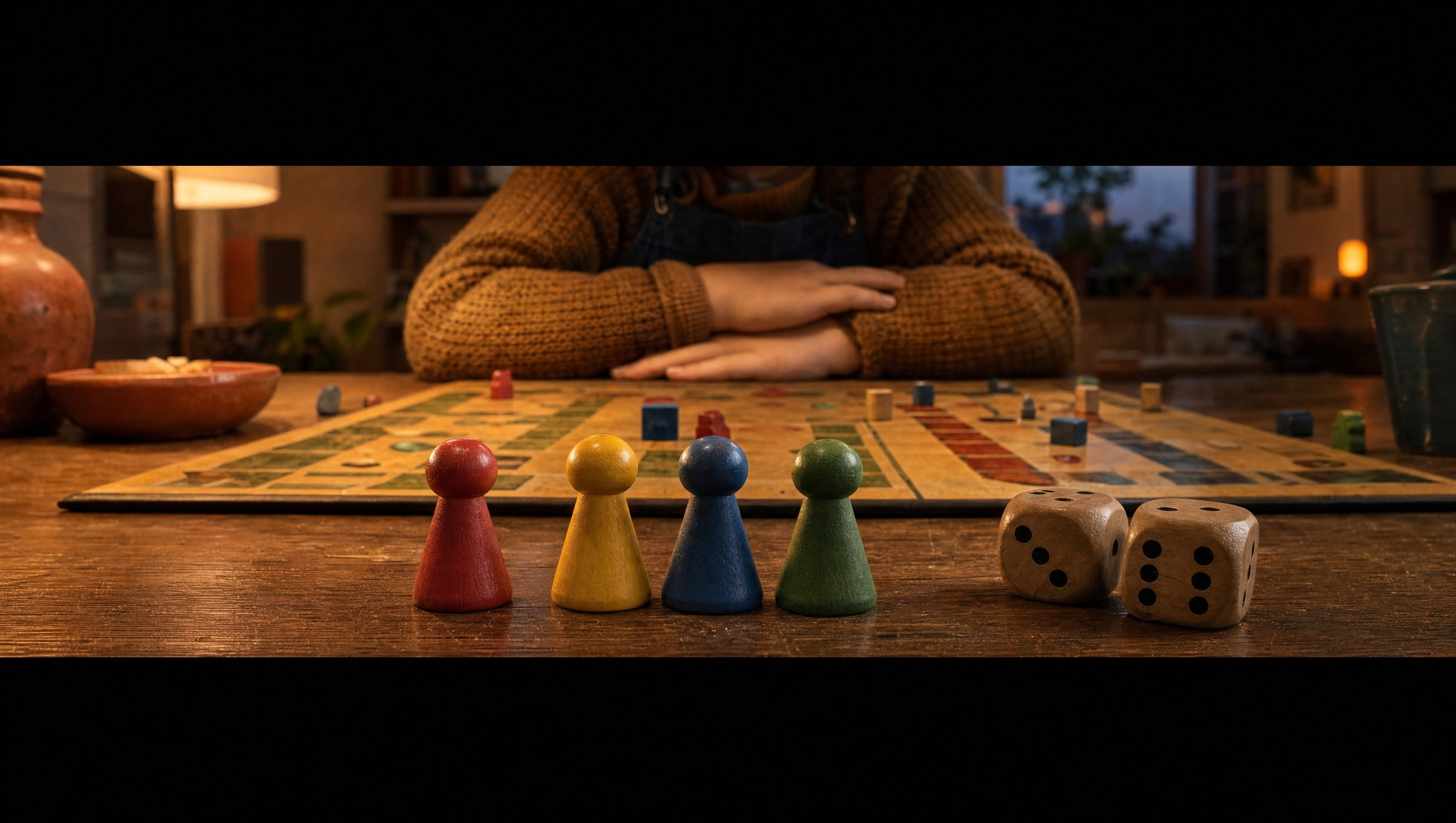 Four chunky wooden pawns stood in a row out of play in the foreground, oversized dice and a child’s folded arms behind them, the lit board out of focus