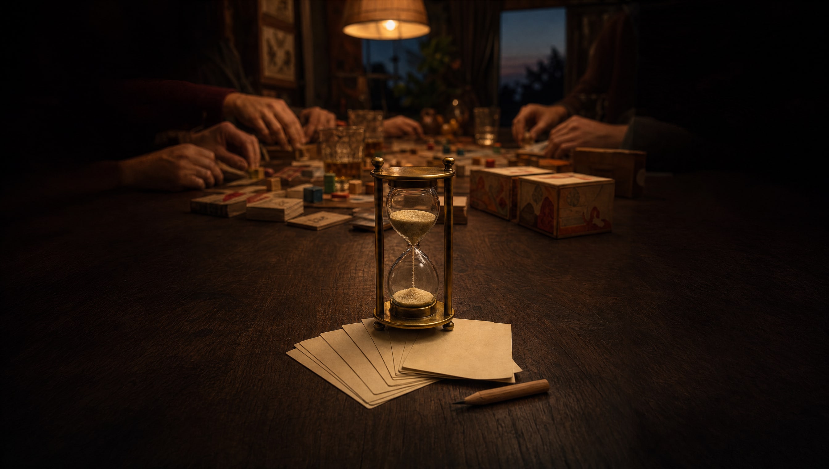 A small brass-and-glass sand timer standing upright on dark wood in the near foreground, its sand halfway through and catching the lamplight, a loose fan of blank cream cards and a stub of pencil beside it, and a crowded table of hands and glasses falling out of focus behind.