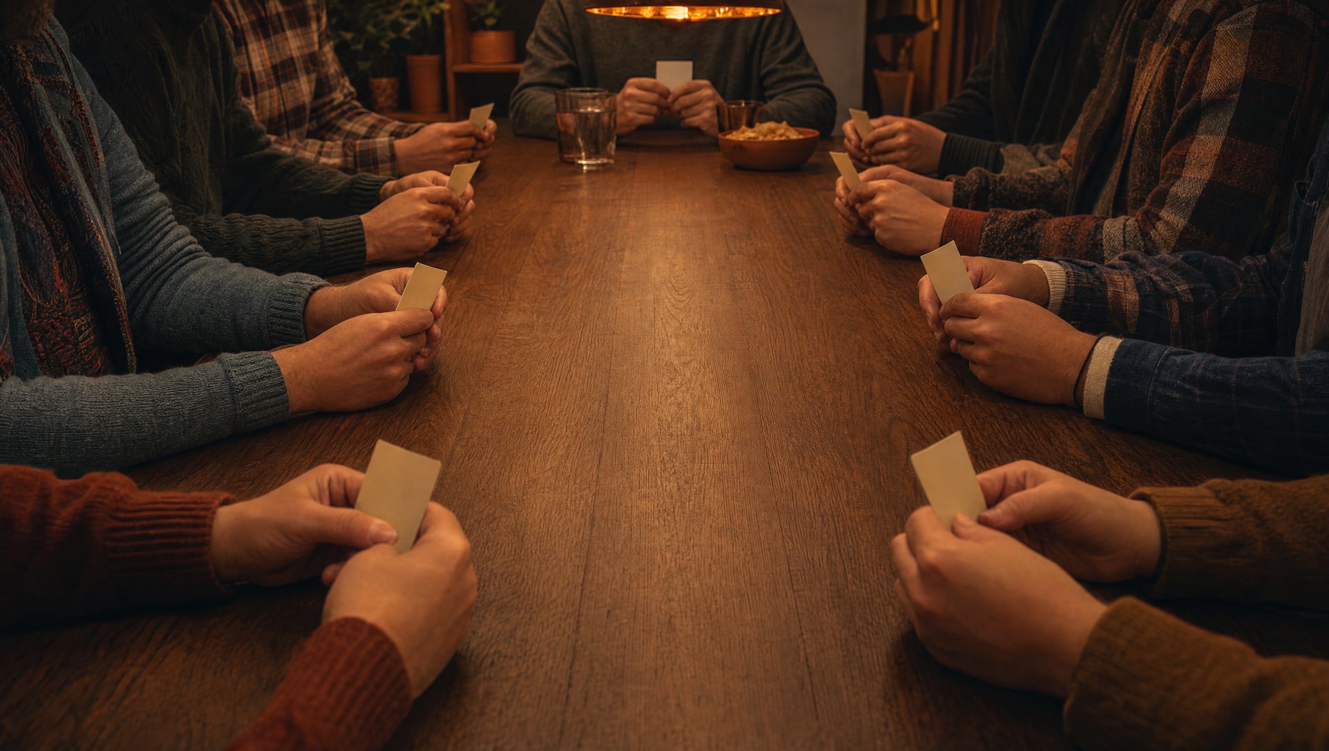 A long dining table under a warm pendant lamp with nine chairs crowded round it and the wood almost bare — no board and no components in the middle, just small blank cream cards held face-down in nine pairs of hands at the edge of frame, with a couple of glasses and one snack bowl pushed to the far end.