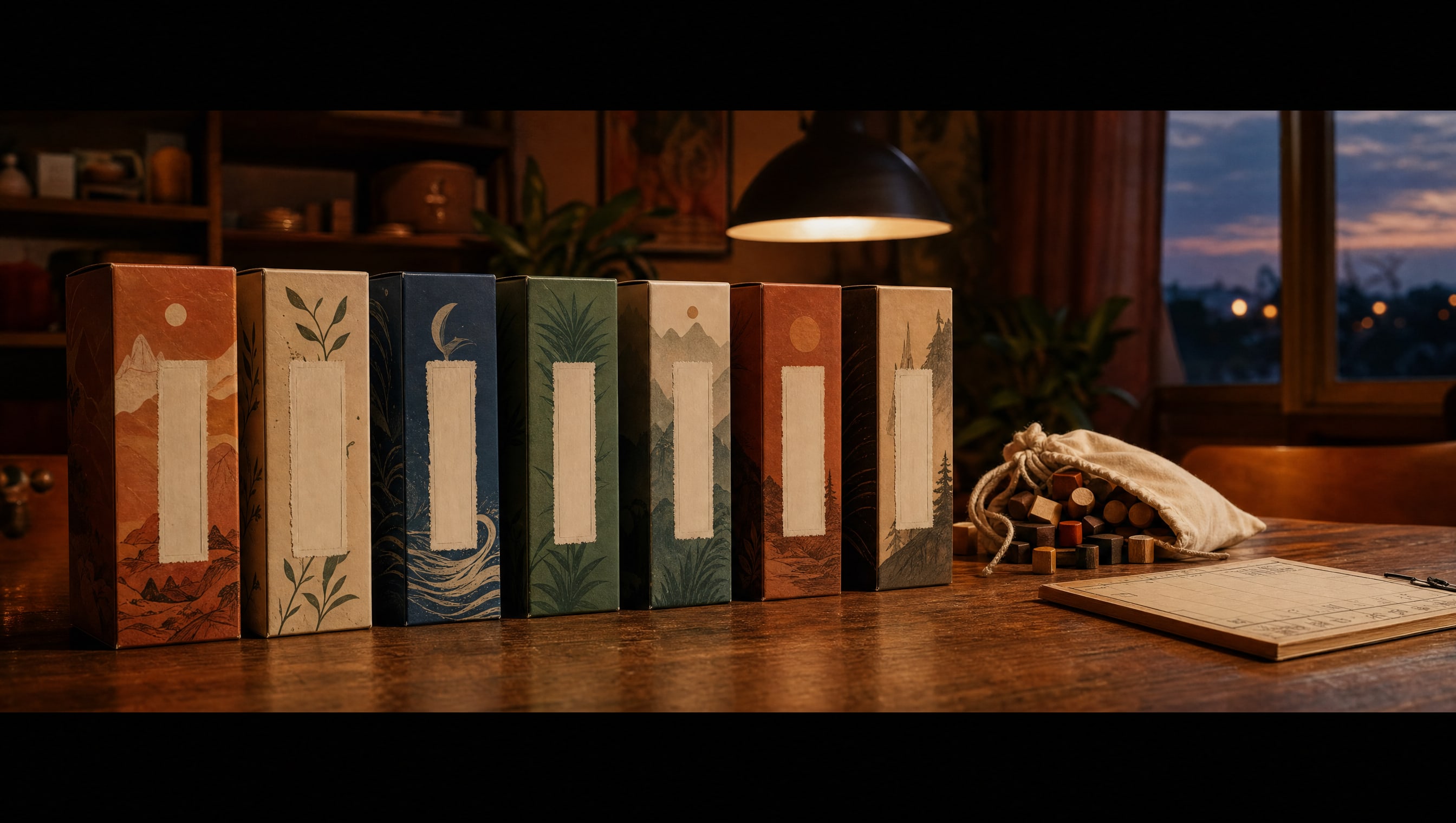 A low wide letterbox view straight along a tabletop edge: eight slim two-player game boxes stood on their spines in a row with blank hand-lettered paper labels, a small drawstring bag of wooden pieces and a folded score pad at the far end, lamplight raking across the lids.