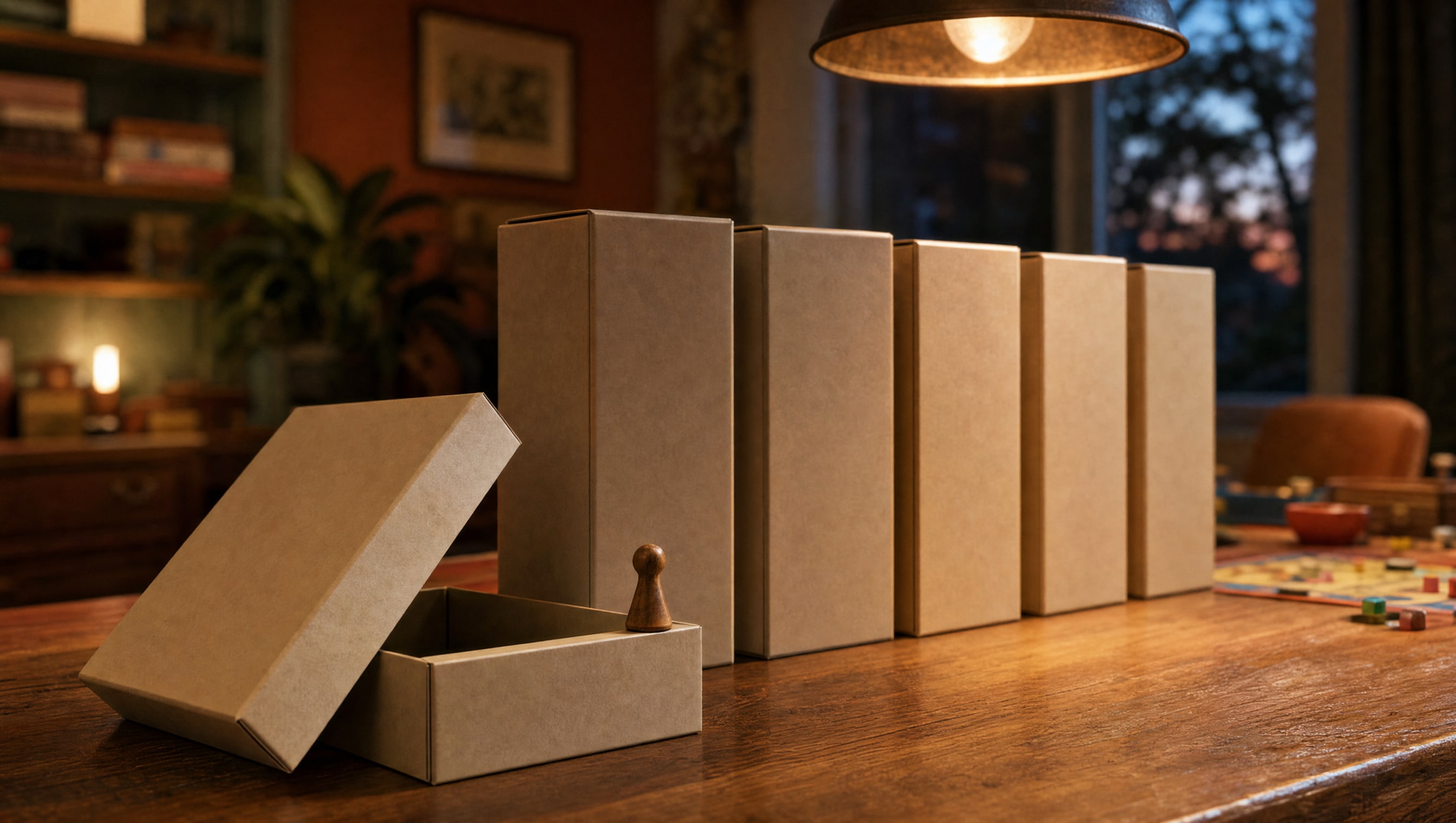 Six plain unbranded board-game boxes stood upright in a row along the edge of a dark wood table under a low lamp, the nearest one pulled forward with its lid tipped off and a wooden pawn on the rim.