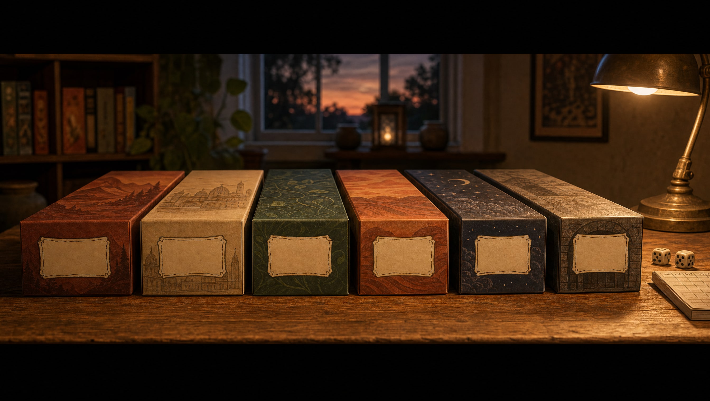A low panoramic view along a table top: six invented board-game box spines lined up left to right with blank hand-lettered labels, lamplight raking across the lids, dice and a folded score pad at the far end.