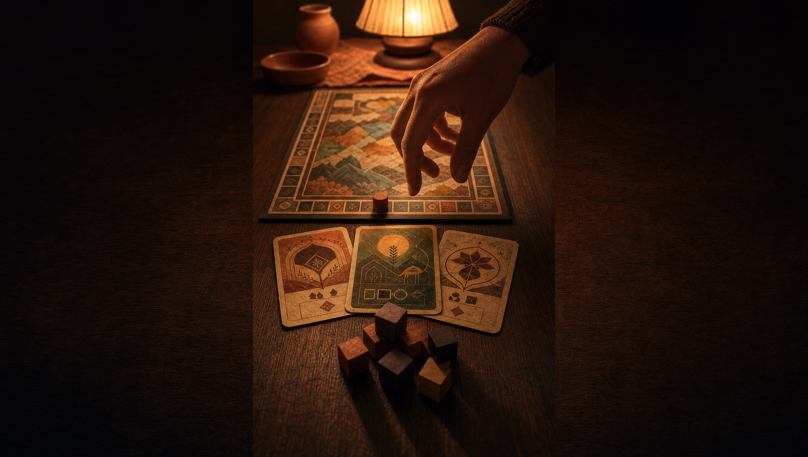 A single player position seen from the side under a low lamp: three face-up cards, a short stack of wooden cubes and a marker part way along a scoring track on an invented board.