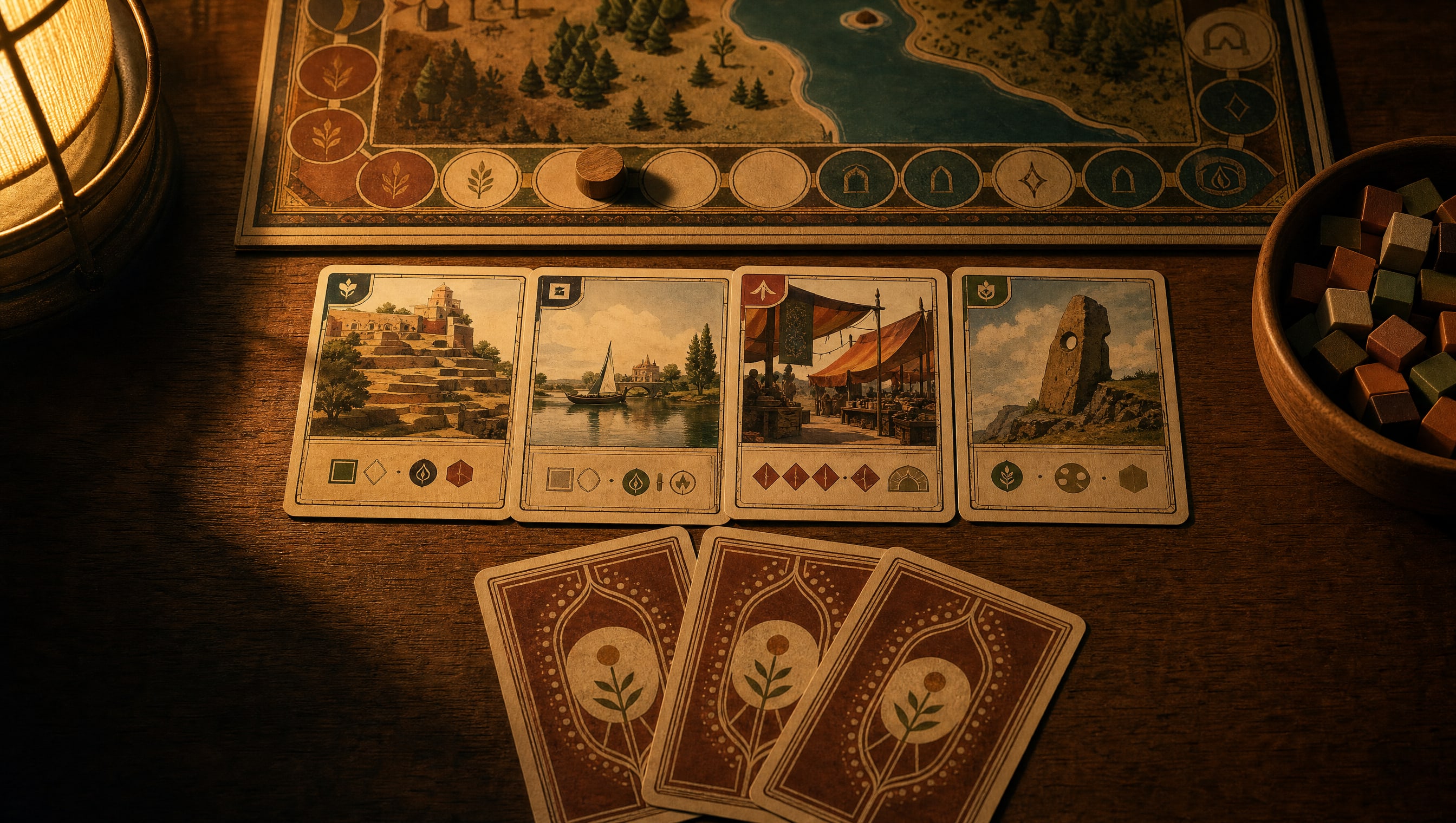 Seen from directly above one seat at a table: a fan of three invented cards nearest the camera, a row of overlapping face-up cards behind them, the corner of an invented board with a scoring track and wooden marker along the top edge, a bowl of wooden cubes at the right.