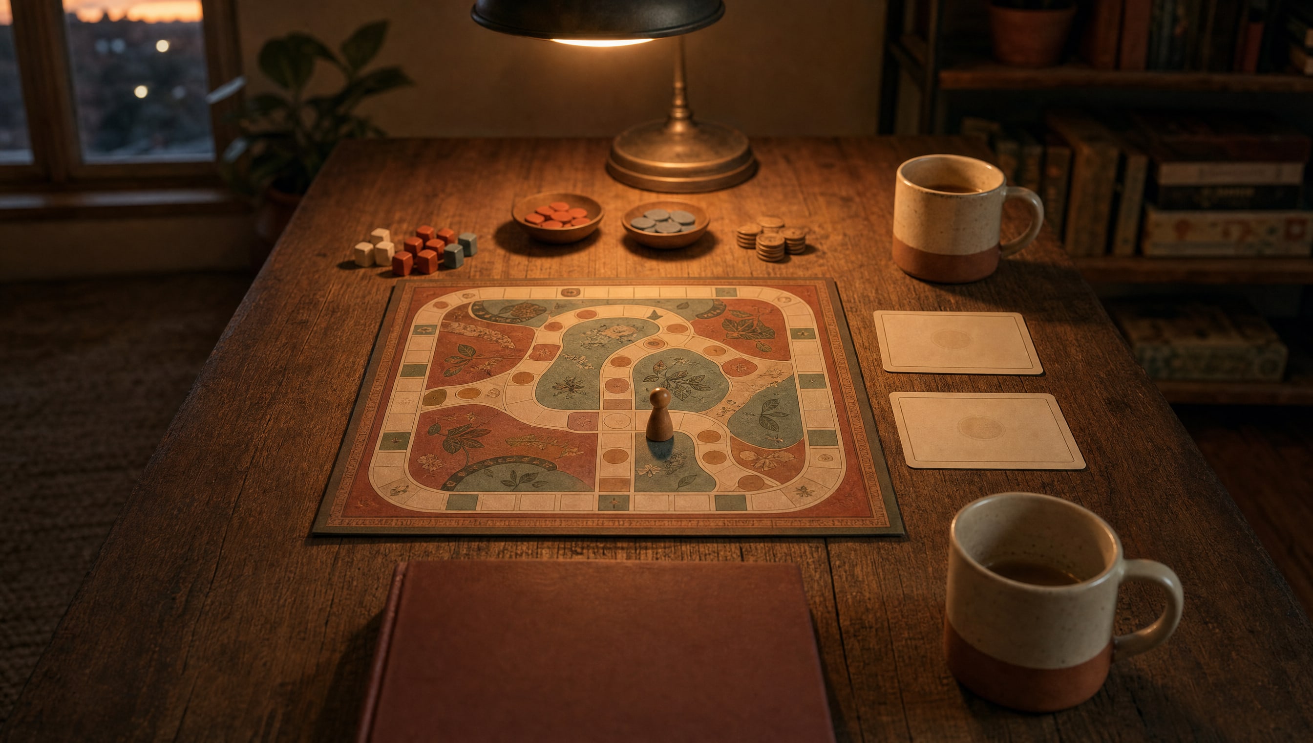 Read near to far up a lamplit table: a closed rulebook face down and a half-drunk mug nearest the camera, and above them an invented board mid-teach with one wooden piece pushed a space forward and two blank cards face up beside it.