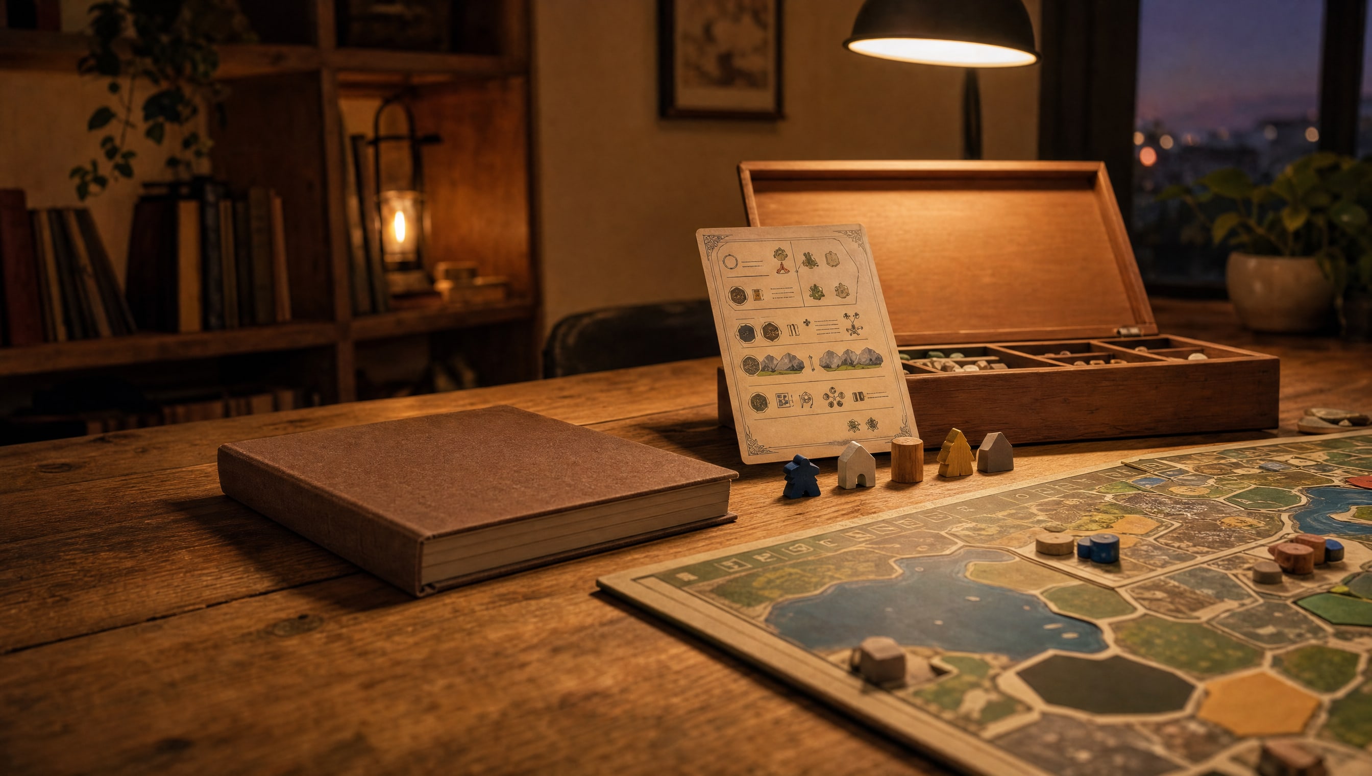 A closed rulebook lying face down on a dark wood table beside a part-built board, a printed reference card propped against the box lid and wooden pieces staged in a row in front of it under a low lamp.