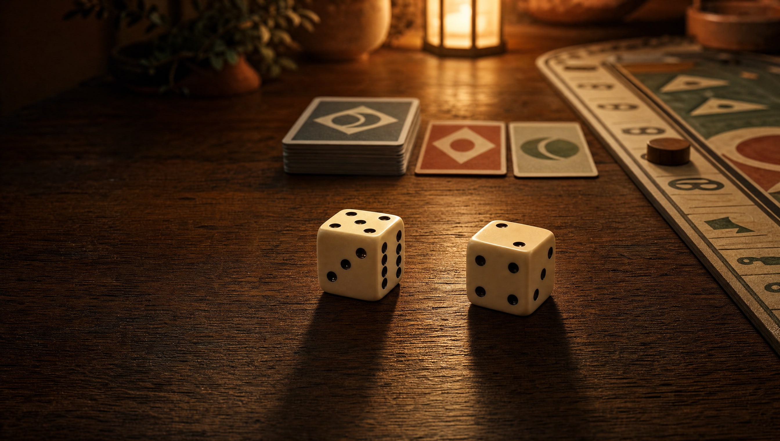 A pair of dice at rest beside a short stack of invented cards under a low lamp, a scoring track running out of frame behind them.