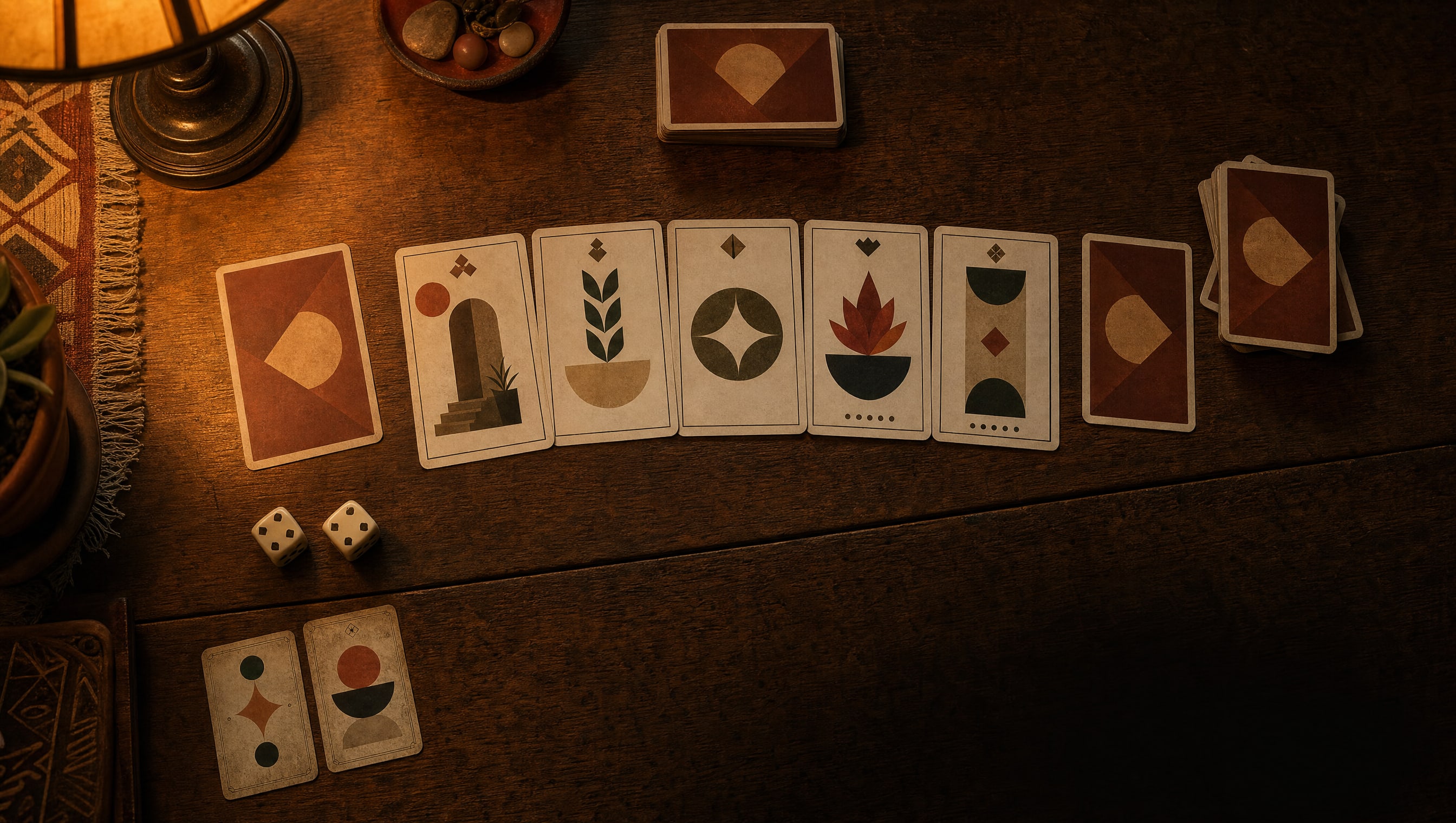 A five-card hand of invented cards fanned face up beside a short draw pile and a discard pile, two dice at rest on the wood, and two worn cards set apart from the rest.