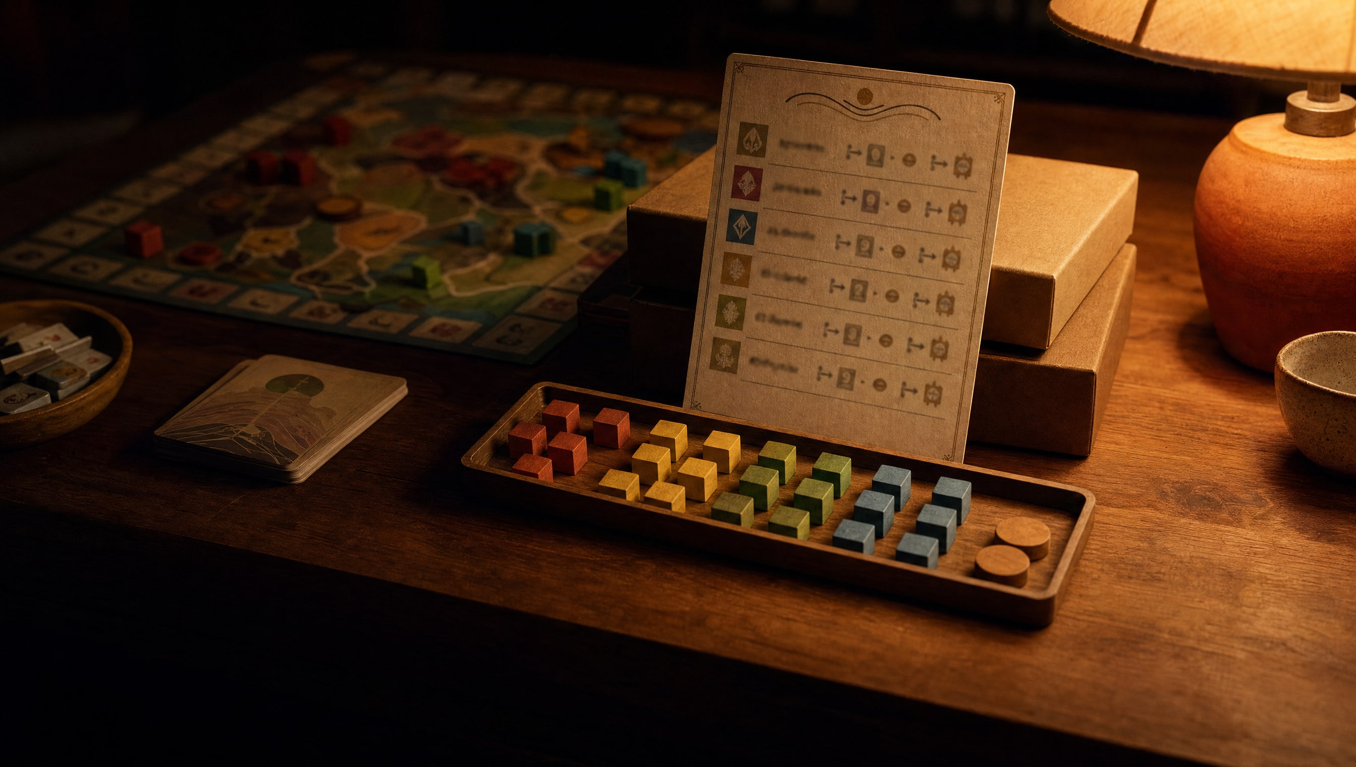 A printed player aid propped against two plain unbranded boxes in the middle of the table, its face carrying rows of small icons and numbers, with a tray of wooden cubes in front of it.