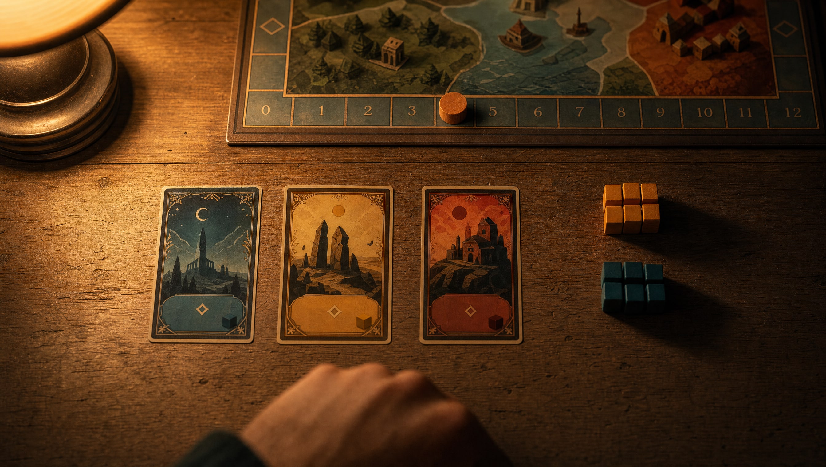 A single player position seen from above under a low lamp: a short row of face-up cards, wooden cubes in two colours and a marker part way along a printed scoring track on an invented board.