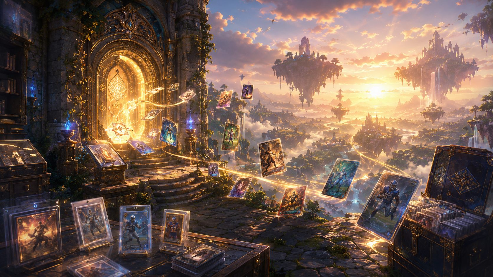 Holographic cards fanned before a glowing portal