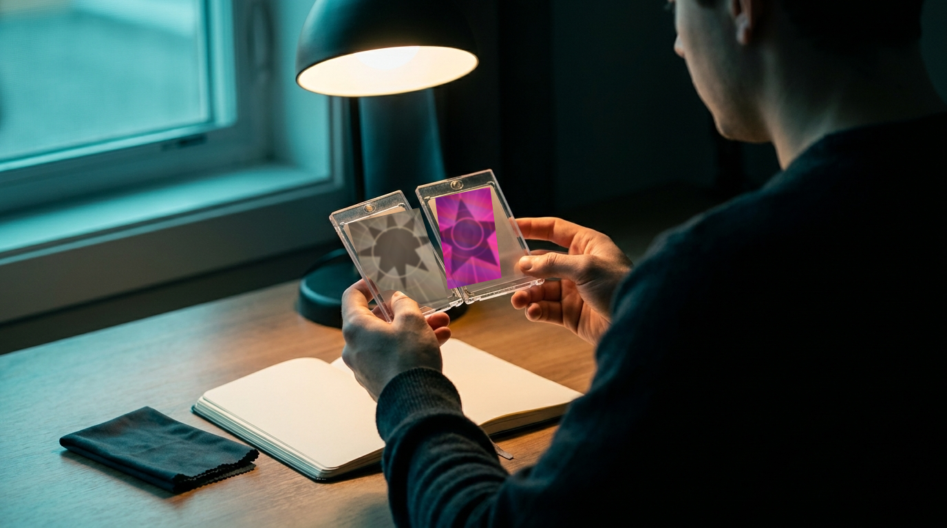 A collector comparing a dull common and a bright holographic card in two holders under a desk lamp