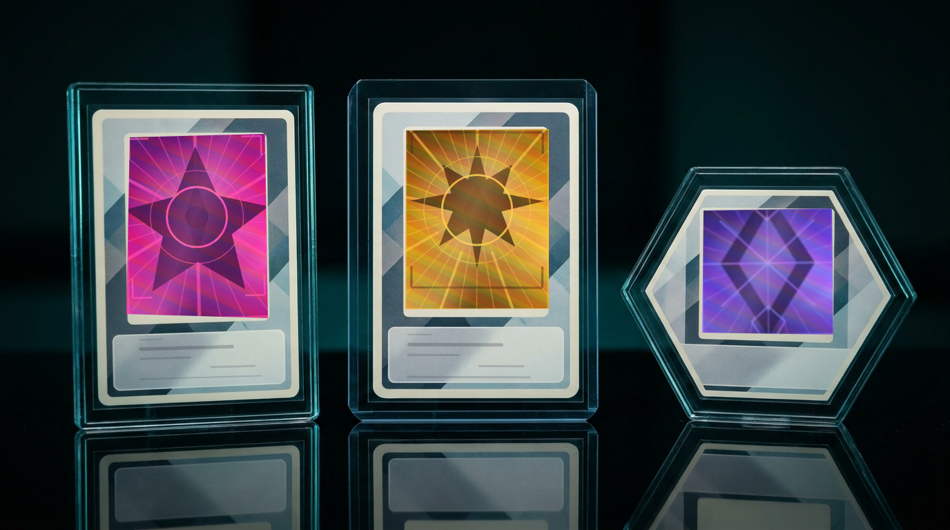 Three clear acrylic card holders standing side by side in a comparison lineup