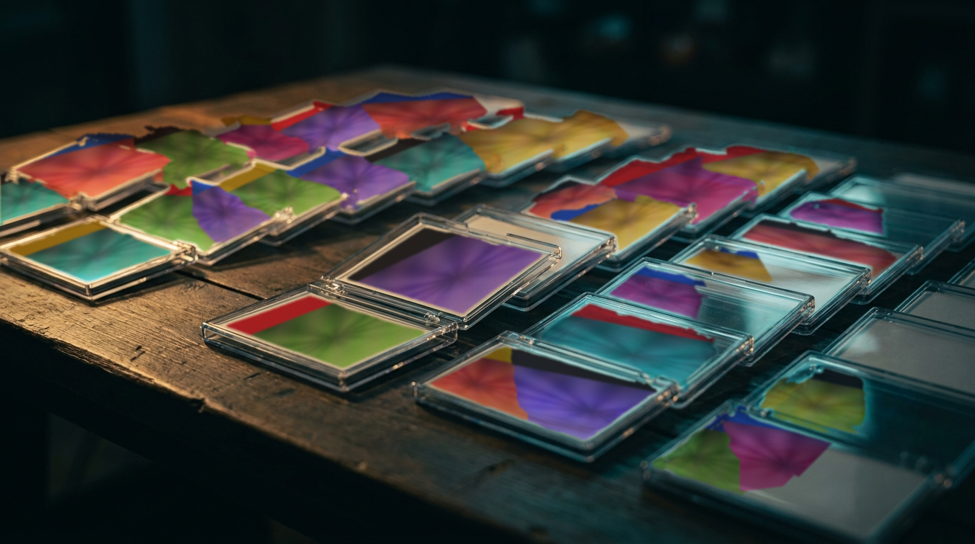 Many card holders fanned across a dark tabletop