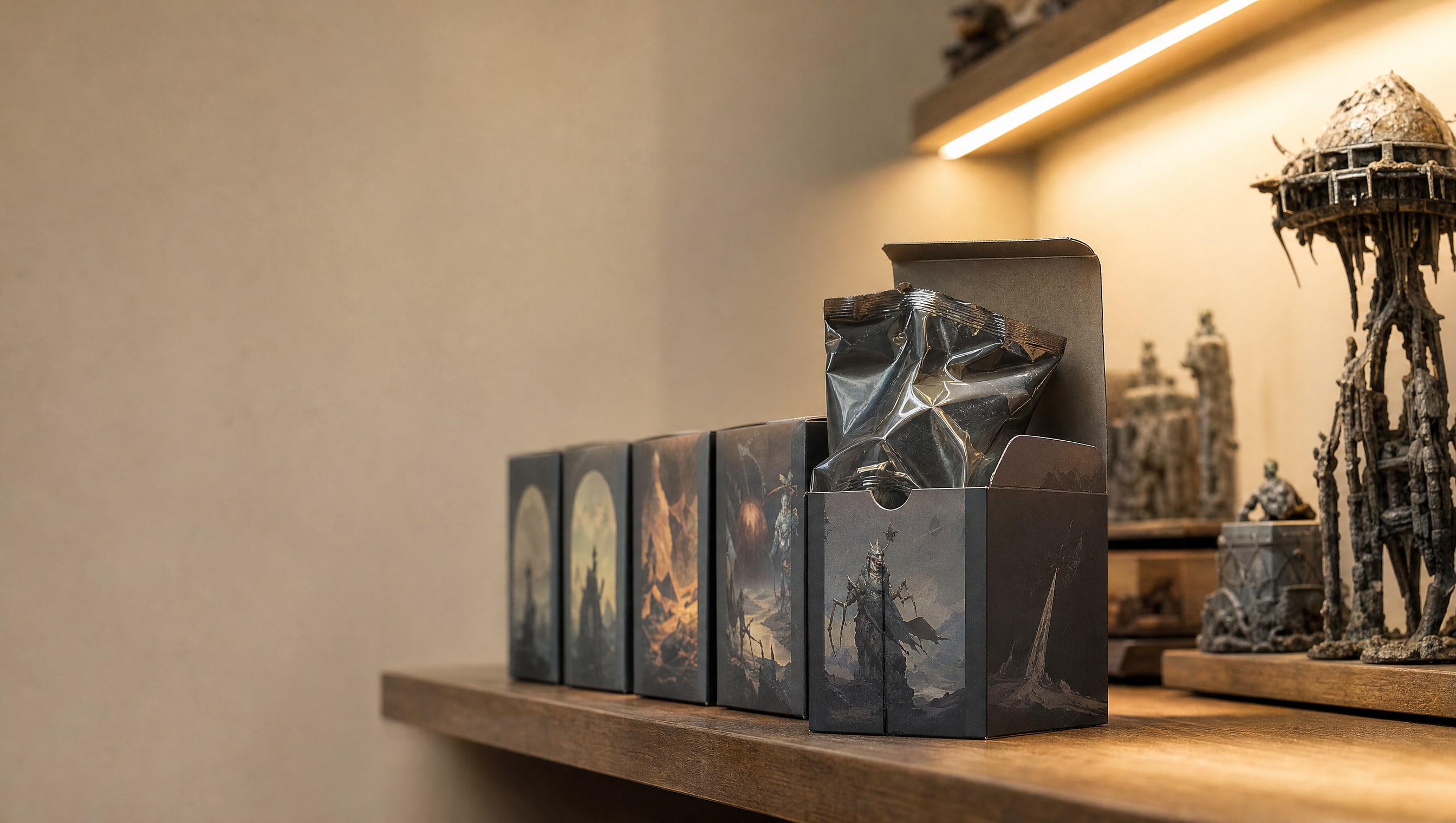 A shelf of sealed blind boxes in warm light, one open just right of centre with its foil bag half drawn out.