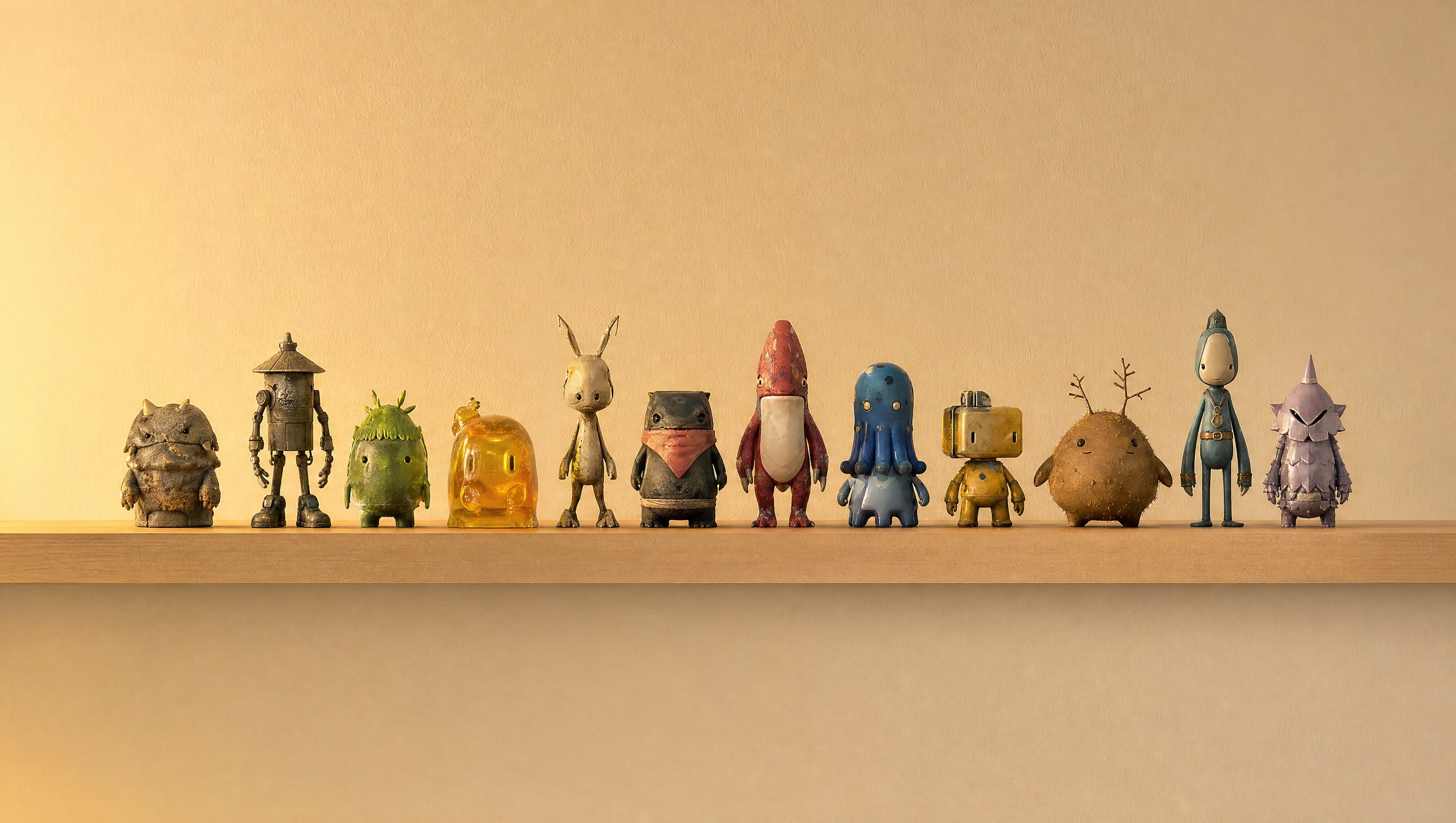A row of small invented vinyl figures standing in a line on a shelf under warm light.