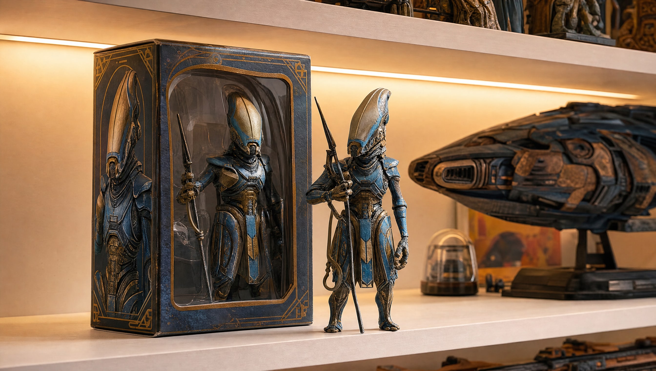 A boxed collector figure standing beside its unboxed twin in warm shelf light.