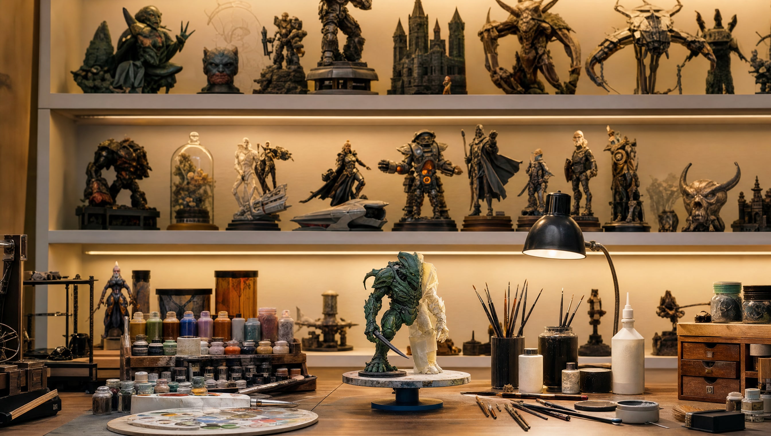 A repainting desk: fine brushes, small paint pots and one figure masked and half repainted.