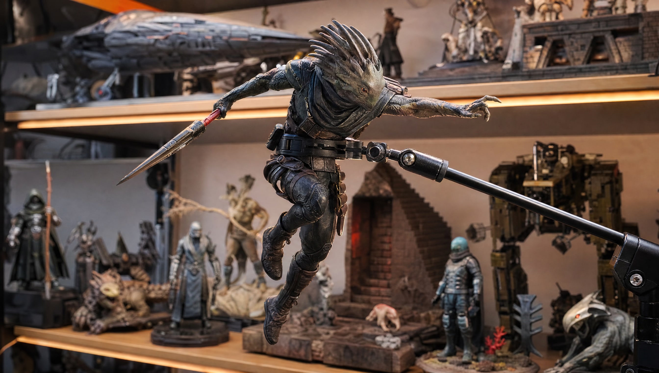 Macro on an articulated stand arm gripping a collector figure at the waist.
