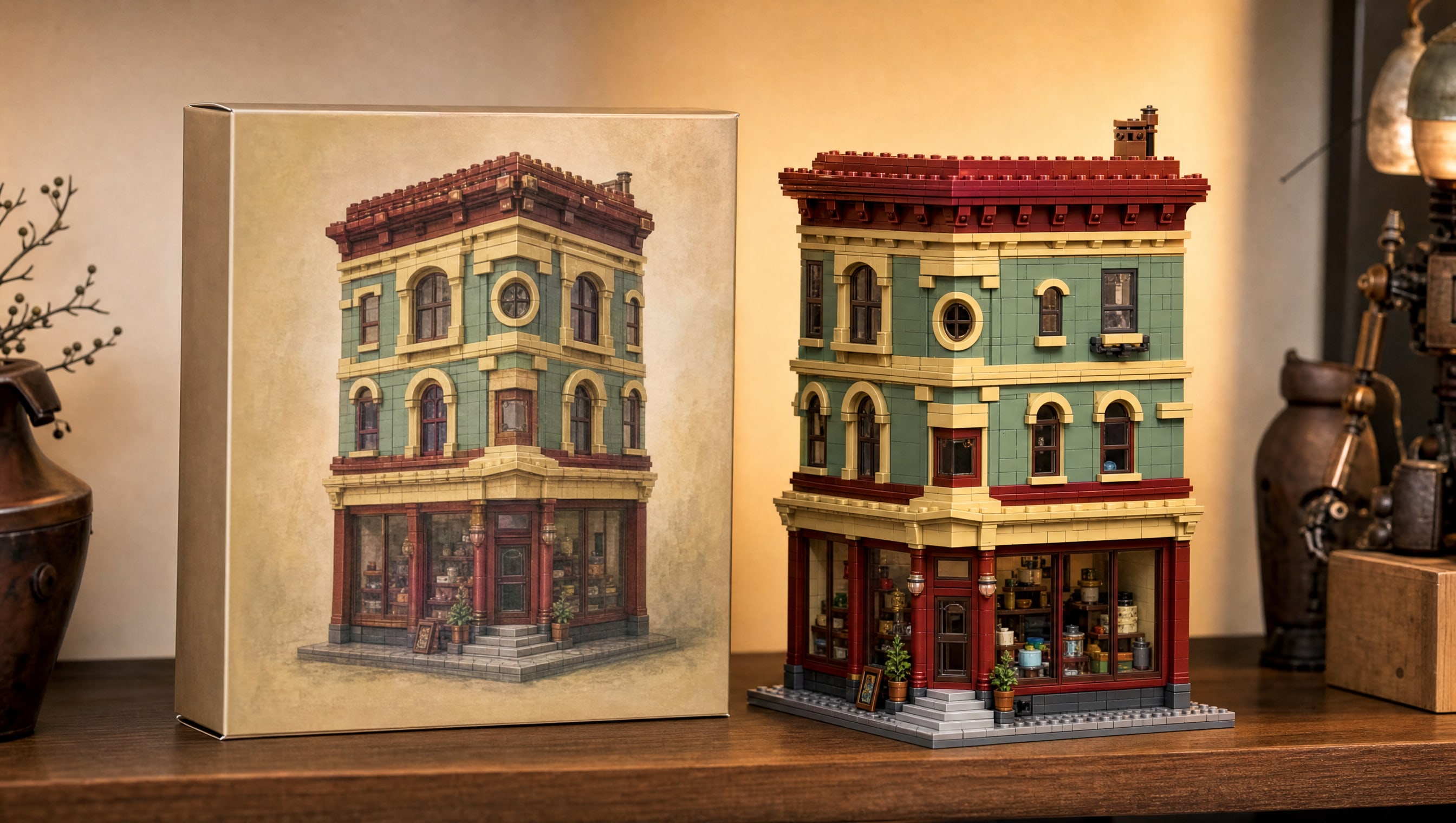 A sealed invented brick set box standing beside the completed built model.