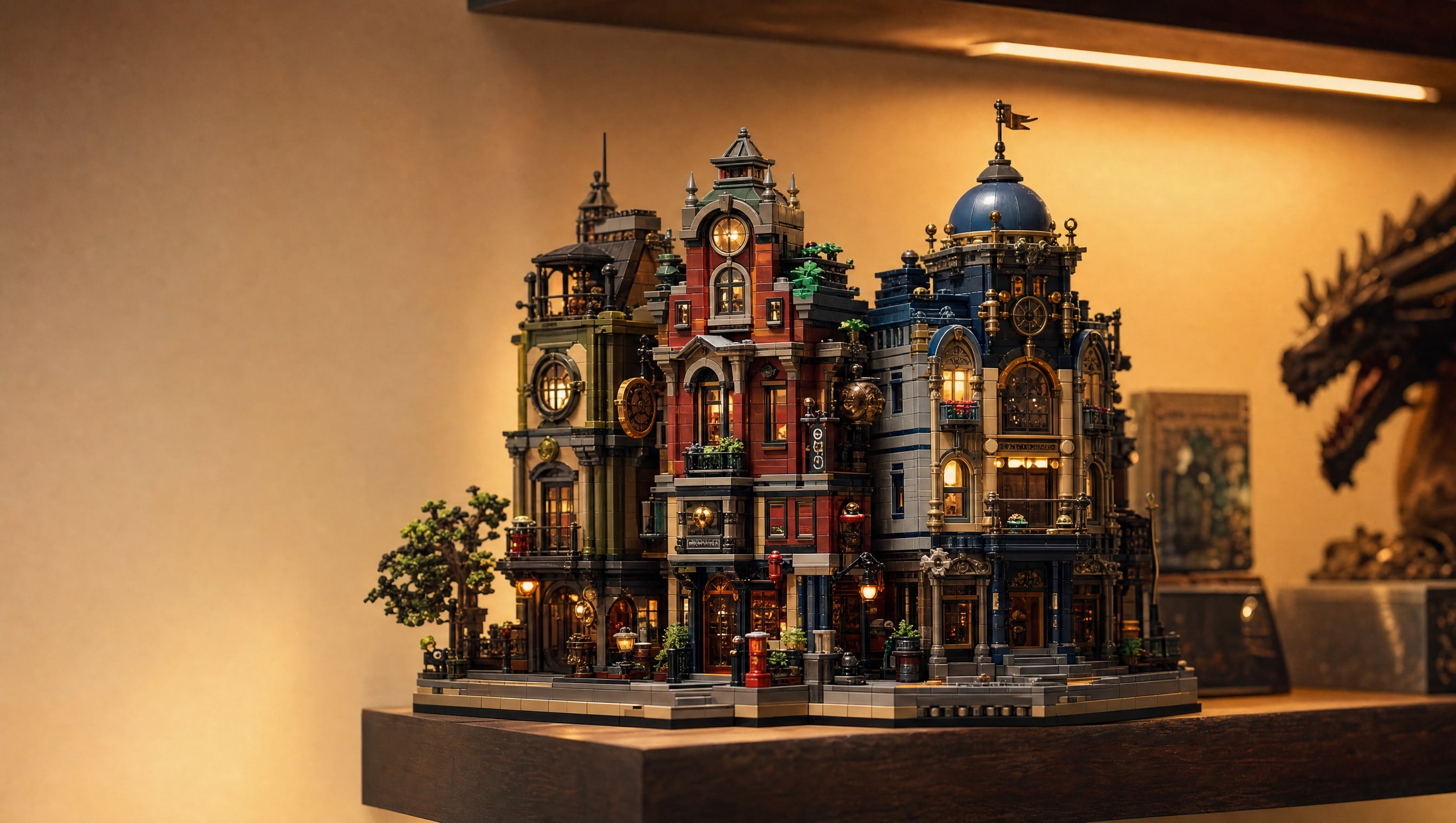 An invented modular brick city block on a lit shelf, low warm light raking across the studs.